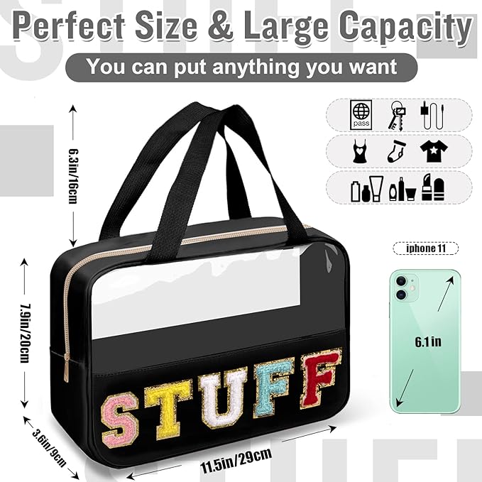 Chenille Letter Clear Makeup Bags Stuff Tote, Preppy Patch Makeup Bag Zipper with Handle, Waterproof PVC & Nylon Portable Glitter Large Cosmetic Travel Toiletry Storage for Women Girls(STUFF-Black)