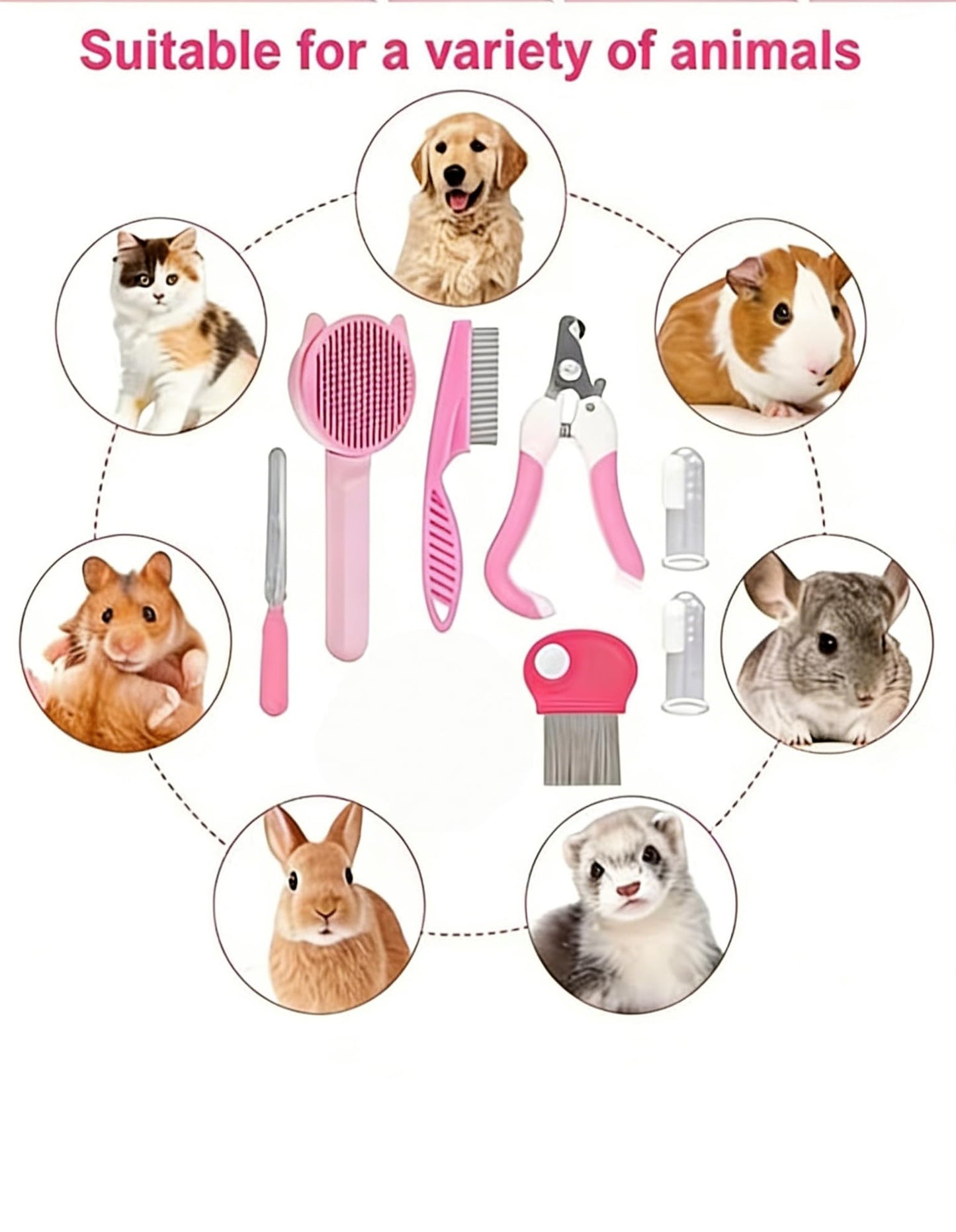 OUTMX Cat grooming set, pink-blue color, 7-piece set, including a massage brush, nail clippers, a comb, a flea comb, a toothbrush, and a nail file, suitable for cats and small pets (pink)