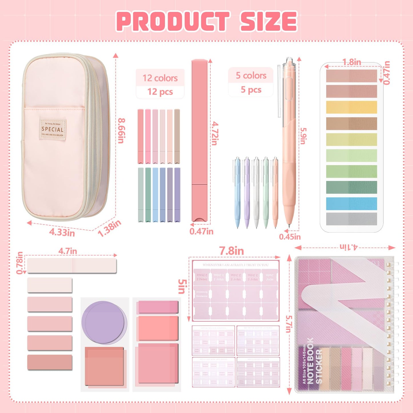 AmazingSpark 95 Pcs Aesthetic Study Kit with Cute Pen Case, Bible Study Journaling Kit, Highlighters, Sticky Notes, Pens, Washi Tapes, for College Students, School Supplies