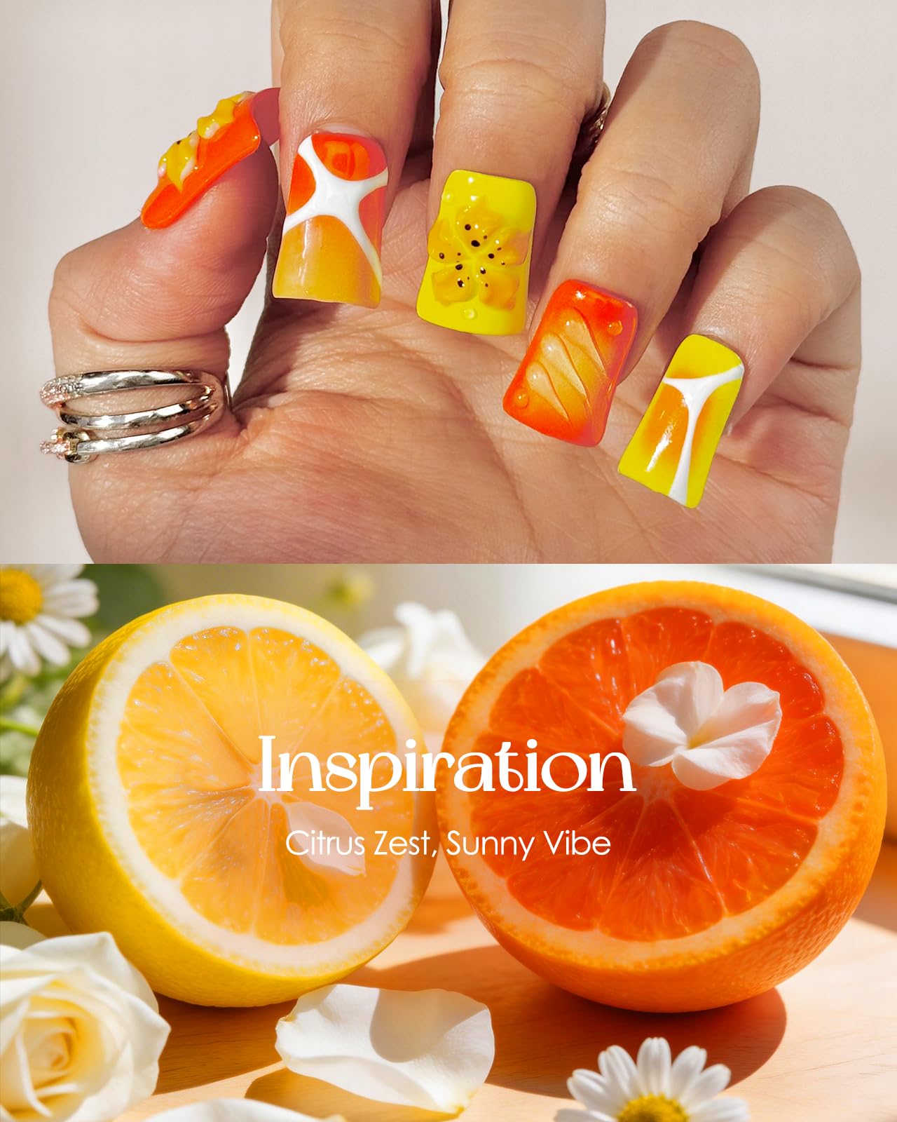 Buleens Handmade Press on Nails Acrylic Duck Nails-10pcs Short Vibrant Tropical Yellow Flower 3D Fake Nails Kits with Glue