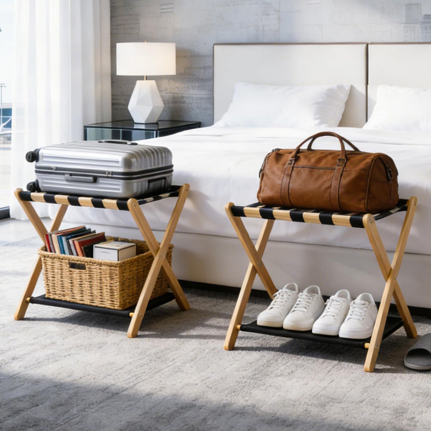 oakvivo Fully Assembled Luggage Racks Pack of 2, Bamboo Natural Foldable Luggage Rack for Guest Room, Suitcase Stand with Fabric Storage Shelf for Hotel, 5 Nylon Straps, 26.77" W x 16.93" D x 22.5" H