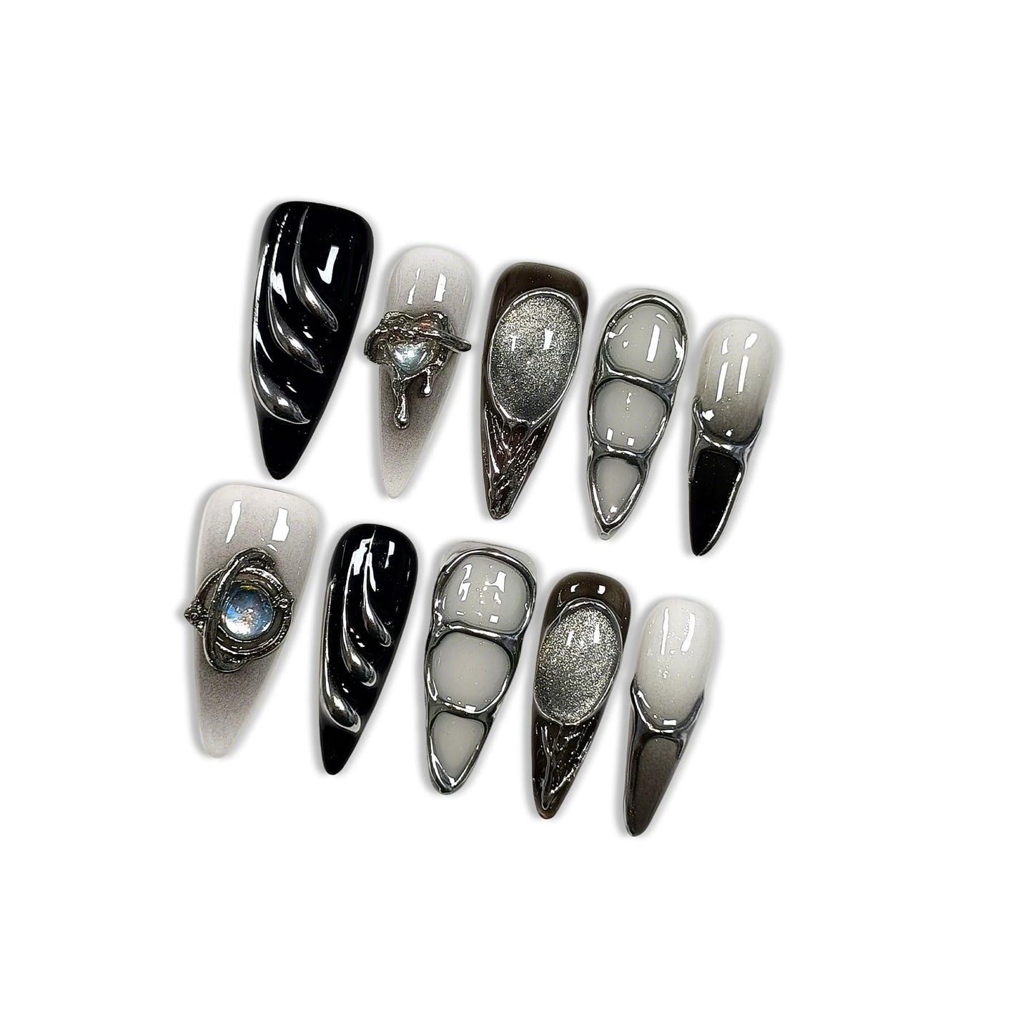 Hantyer Gothic Press on Nails with Tools Kit, 10pcs Long Stiletto Glossy Nails in Black & Metallic Silver, Hand-Painted 3D Art & Round Cat Eye Charms, Edgy Style for Concerts & Parties (Size S)