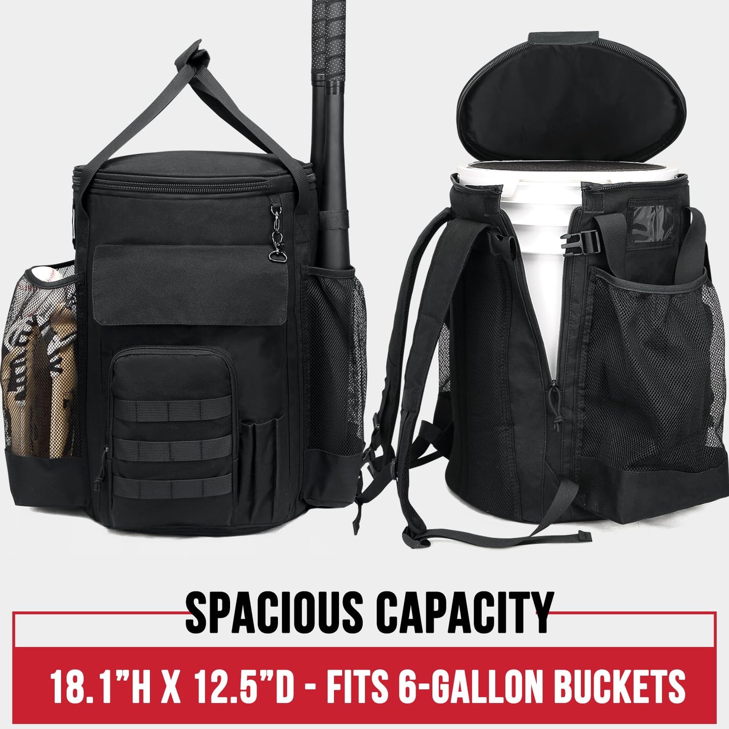Baseball Bucket Bag Backpack, Coaches Bucket Bag Fit 6 Gallon Buket, Baseball Coaching Accessories with Multiple Pockets, Tactical Style Softball Coaches Bags with Backpack Straps Bucket not included