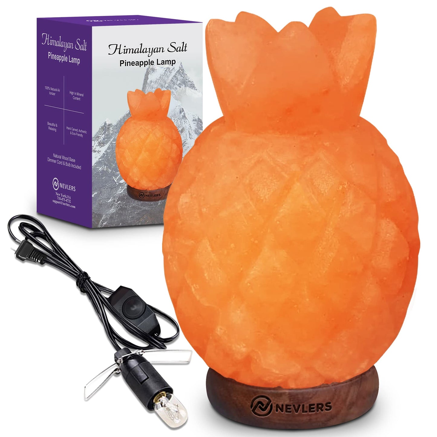 Nevlers Pineapple Shape Pink Himalayan Salt Lamp w/Wood Base| 7-8 lbs & 7"- 8" Tall Himalayan Pink Salt Lamp w/Dimmer Cord & Light Bulb| 100% Salt Rock Lamp | Ambient Salt Crystal Lamp for Home Decor