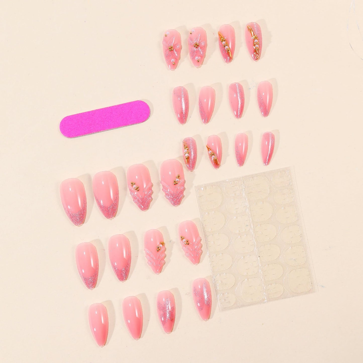 Long Press on Nails Almond Fake Nails Pink Artificial Nail Floral Stick on Nail with 3D Flower Pearl Gold Line Shimmer Accent Romantic Look for Women 24pcs