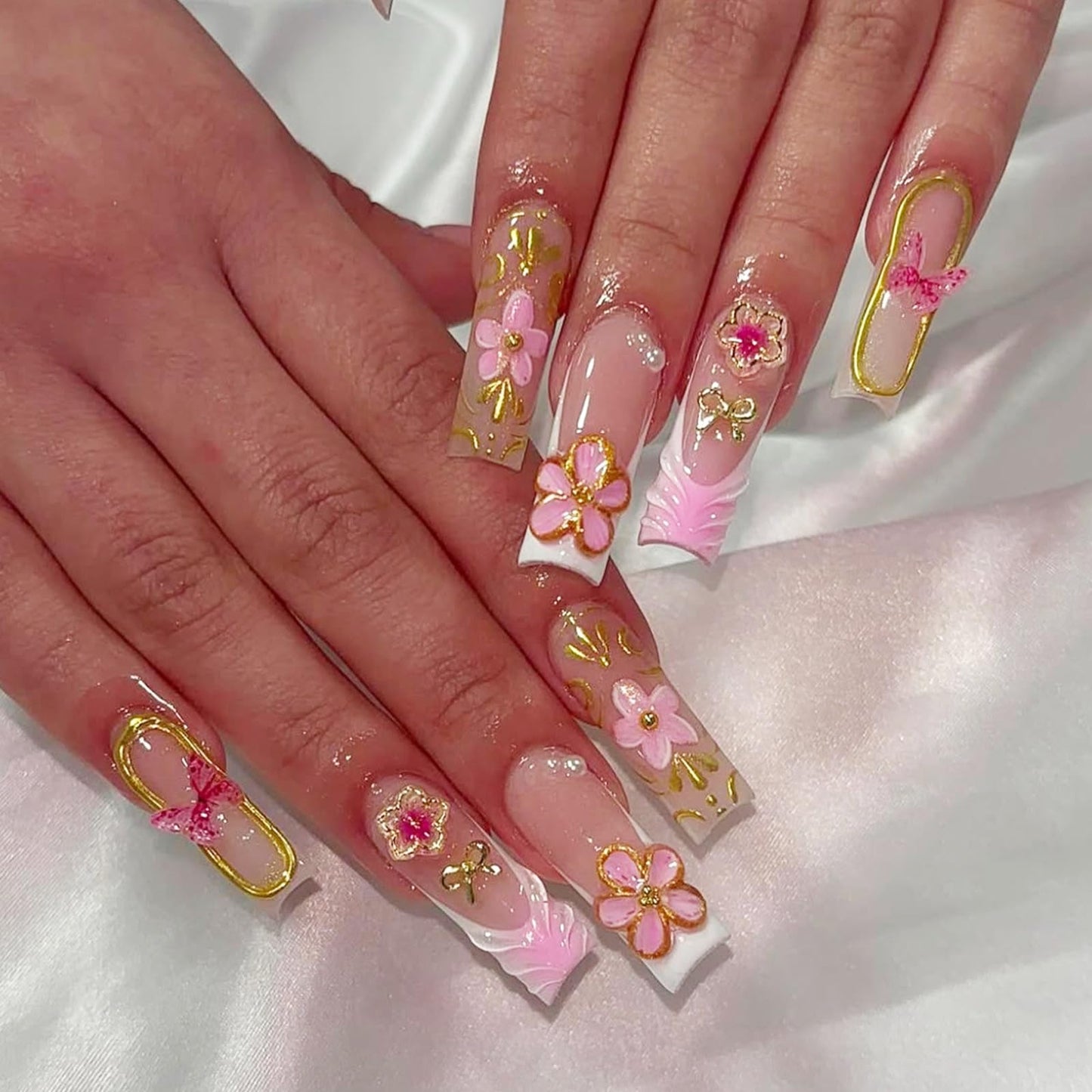 Square Press on Nails Long Fake Nails French Tip False Nails Pink Artificial Nails with Floral and Gold Charm Designs Cute Summer Nails Stick on Nails for Women 24pcs