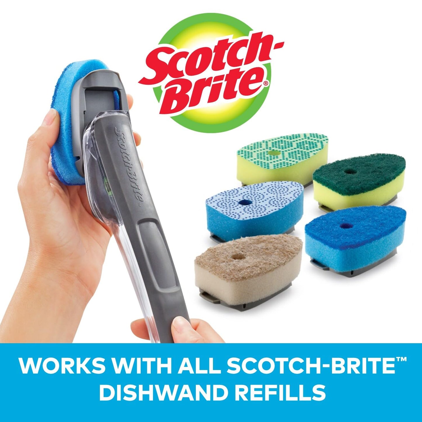 Scotch-Brite Advanced Soap Control Non-Scratch Dishwand Kit, 1 Dish Wand & 5 Sponge Refills, Prevents Soap from Leaking, Leak-Free Guarantee, Best for Nonstick Pots and Pans, Glass, Tubs, & Showers