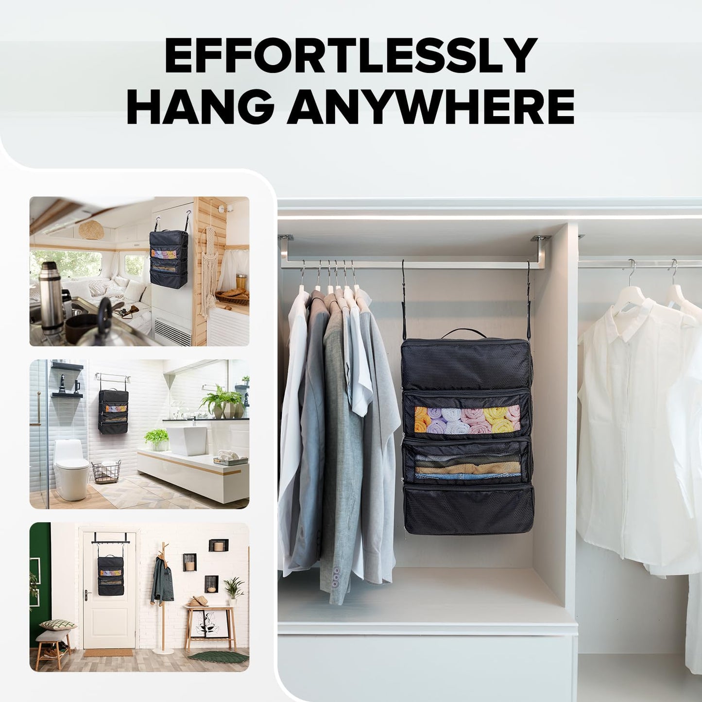 Vokelater Suitcase Organizer - Travel Luggage Organizer with Hanging Shelves & Packing Cubes - Collapsible, Portable, Carry-on, Medium, Black