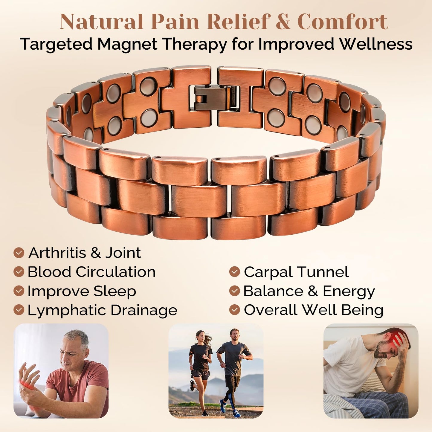 JEROOT Men's 99.99% Pure Copper Magnetic Bracelet, 3500 Gauss Magnets Adjustable with Sizing Tool