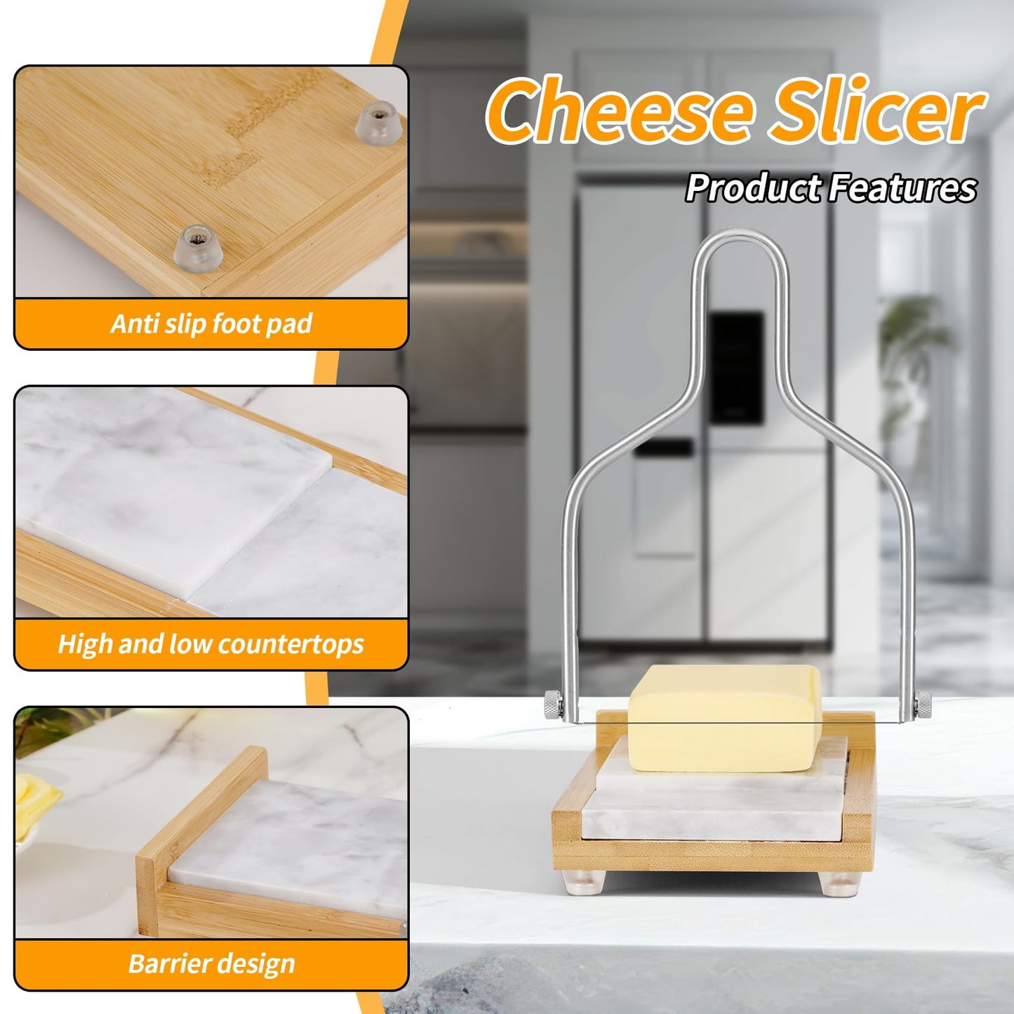 Xinglinsaiter Cheese Slicer Cheese Cutter with 4 Replacement Wires,High & Low Marble Cutting Table Top,with cutting Wire replacement device,for Block Cheeses, Butter, Sausage etc.(White)
