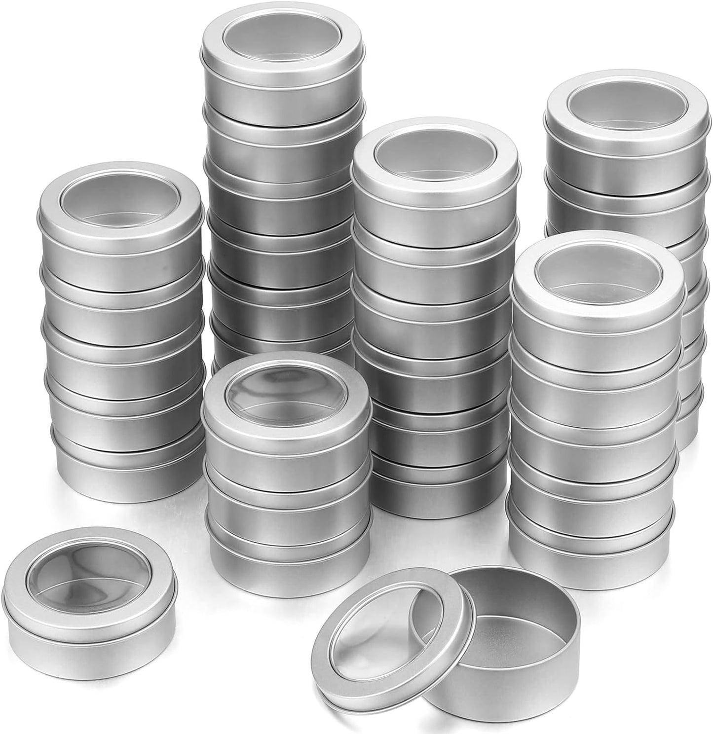 TecUnite 200 Pack 2 Ounce Metal Tin Cans Round Empty Container Salve Tins with Clear Lid for Kitchen, Office, Candles, Candies