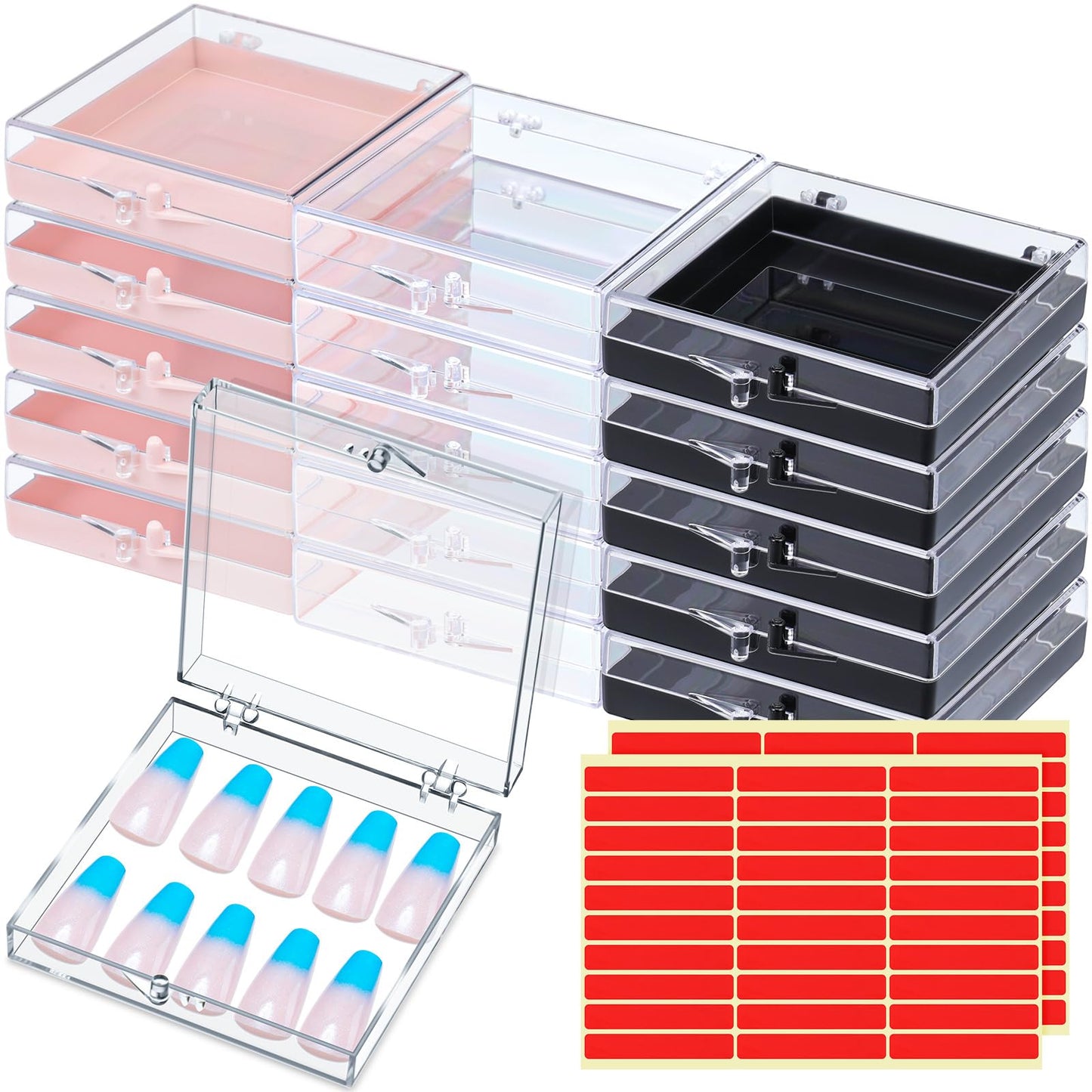 Landhoow 15 Pcs Press On Nail Boxes Nail Display Case with 30 Adhesive Tape, Artificial Press On Nail Container, Acrylic Storage Organizer(Clear, Black, Pink)