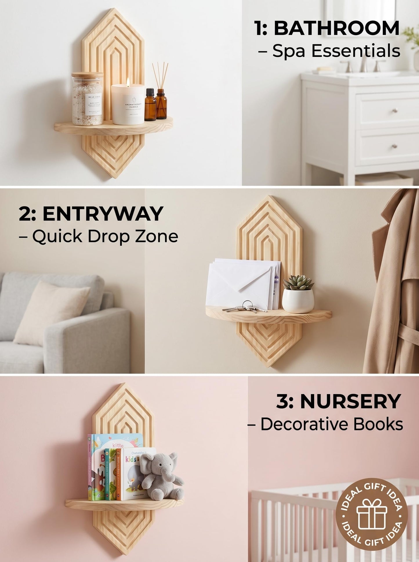 BenChiRealm 2 Pcs Floating Shelves for Wall, Pine Wood Boho Wall Decor, Mid Century Modern Decor Plant Wall Shelf, Vertical Wall Plant Holder,for Living Room,Bedroom，Nursey Room (Natural)