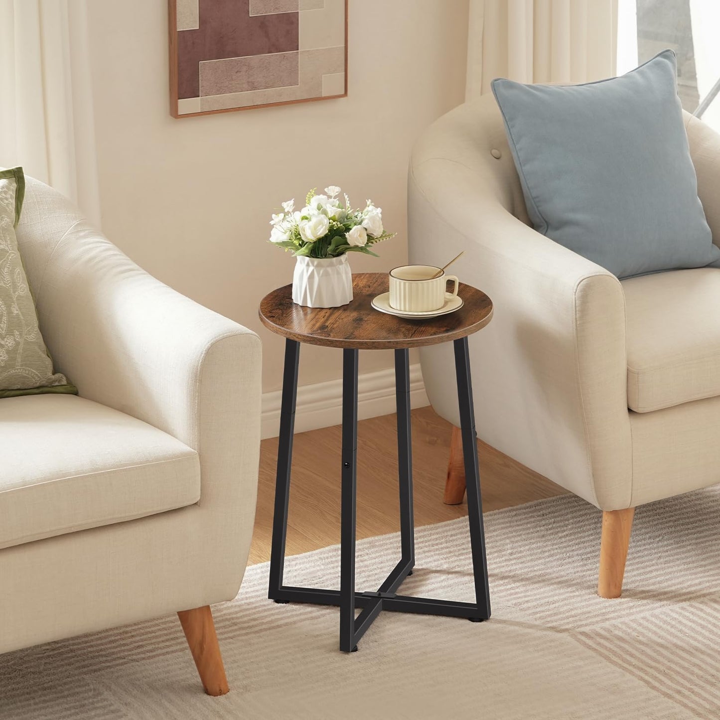 HOOBRO Side Table, Round End Accent Table with Sturdy Metal Frame, 15.7" Round Nightstand, for Living Room, Bedroom, Balcony, Office, Rustic Brown BF95BZ01