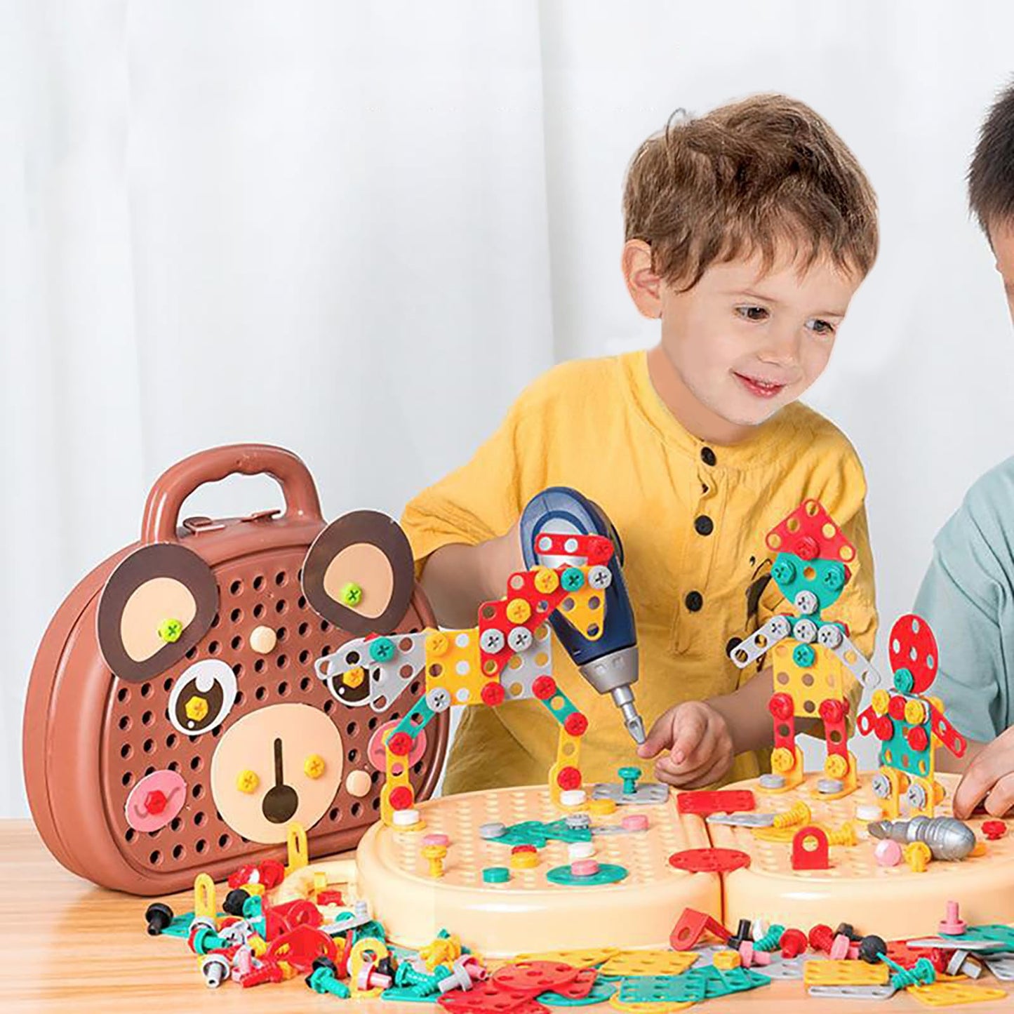 Magic Montessori Play Toolbox with Drill, 203Pcs Magic Montessori Play Toolbox Dog-Themed, 2D/3D Creativity Tool Box Montessori Toys Gift for Age 3-12 Years Old Boys Kids, Girls