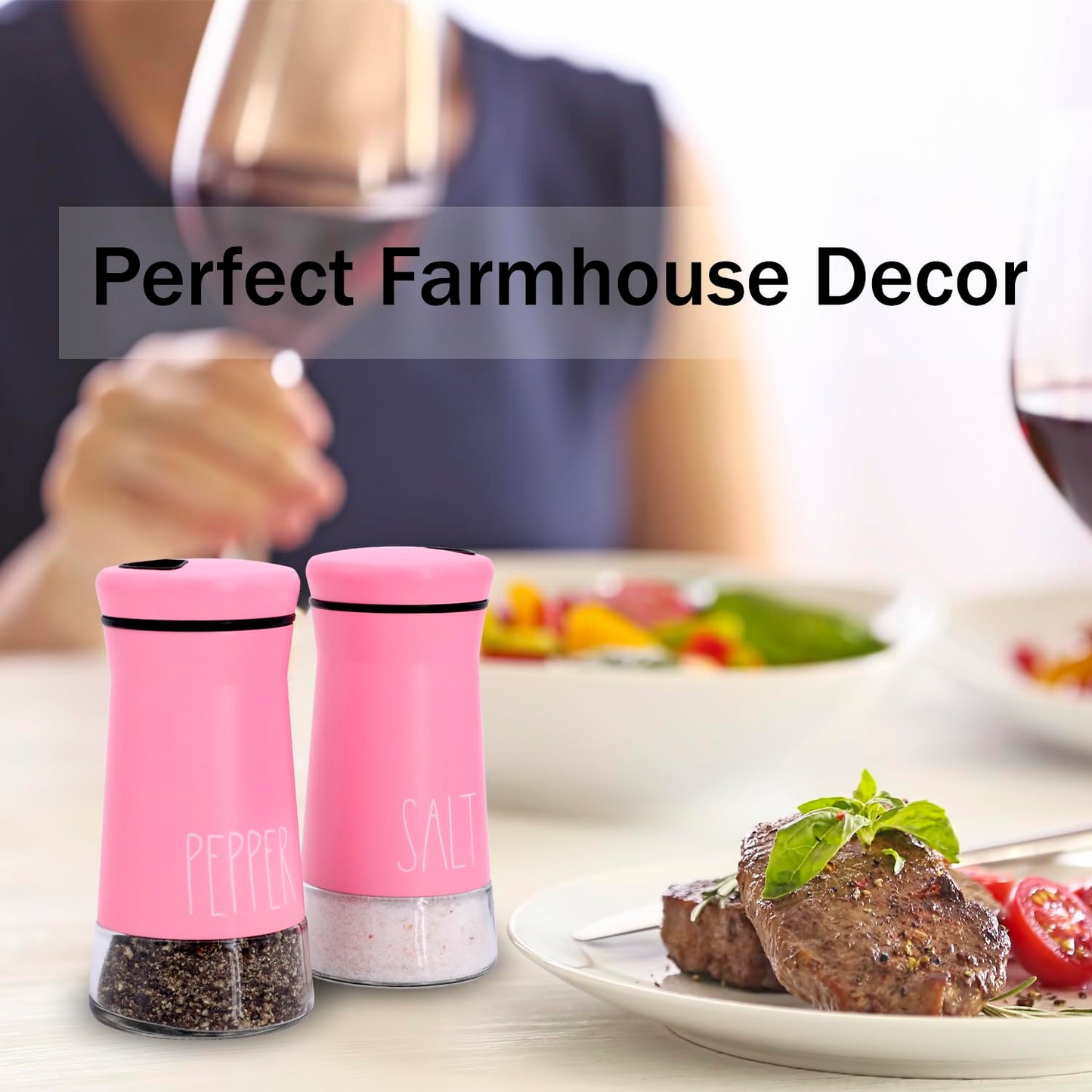 Pink Salt and Pepper Shakers with Adjustable Pour Holes, Refillable Salt Shaker by Aelga, Ideal for Himalayan, Kosher, Black and White Pepper, Pink Kitchen Accessories