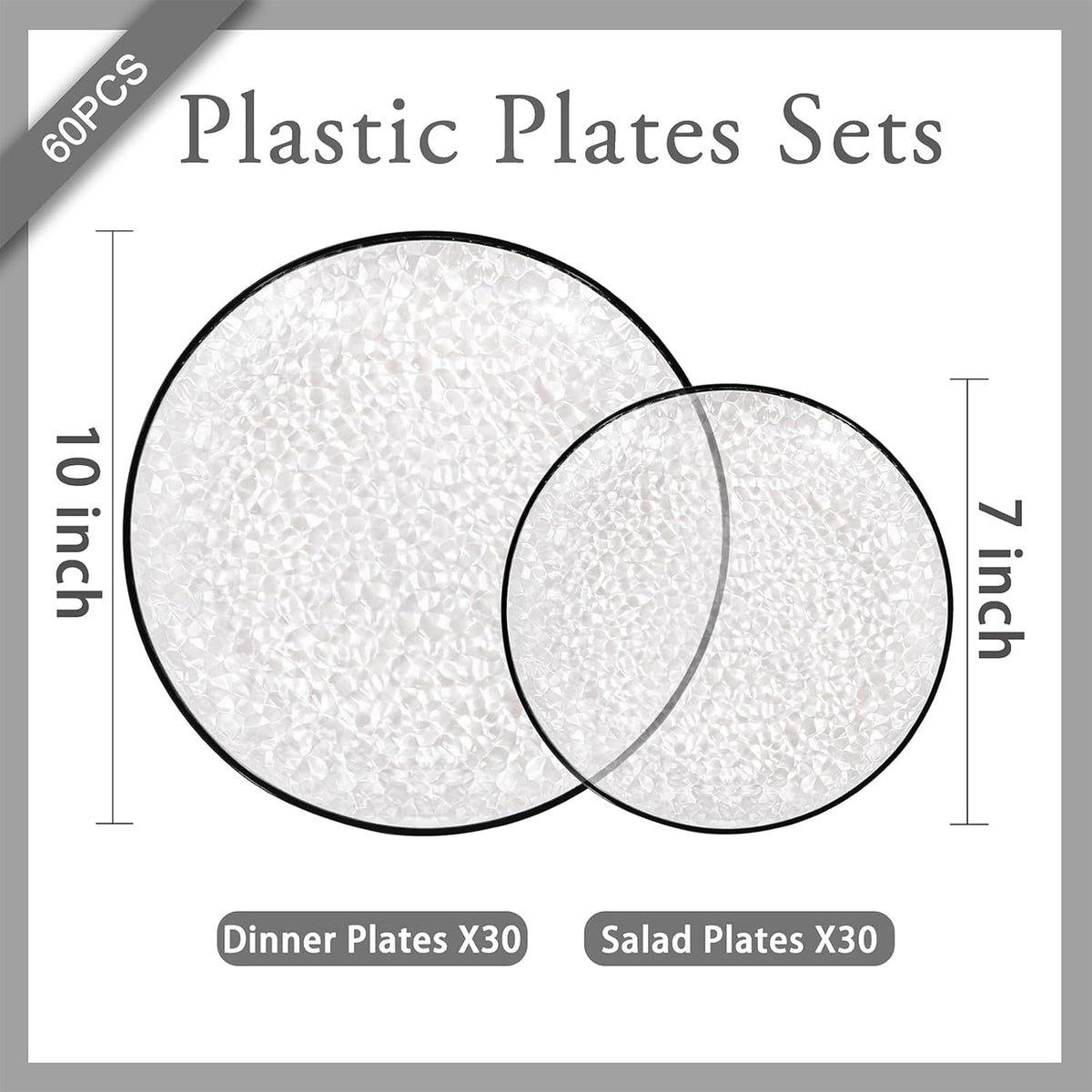 Rubtlamp 60Pcs Halloween Plastic Plates, Black Heavy Duty Plastic Plates, Clear Disposable Party Plates, Hammered Fancy Disposable Plates Include 30 Clear Dinner Plates, 30 Black Salad Plates