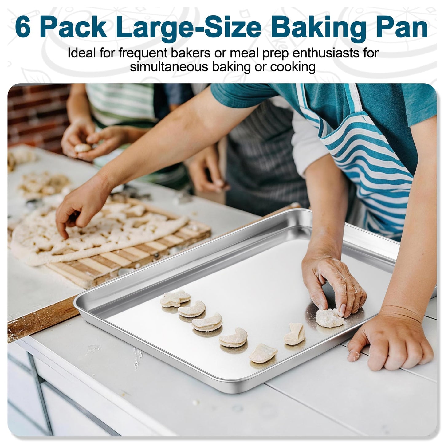 TeamFar Baking Sheet Pan, 6 Pack Stainless Steel Half Size Baking Pans Set, Metal Large Cookie Sheets for Baking/Roasting/Serving, Non-Toxic & Heavy Duty, Dishwasher Safe, 17.6” x 13” x 1”