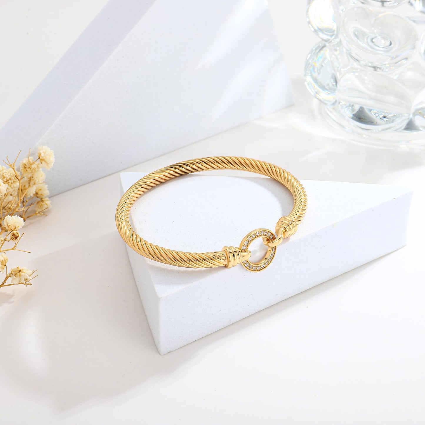 WOWORAMA Gold Twisted Cable Wire Bracelet for Women Stainless Steel Gold Plated Cable Cuff Bracelets with CZ Circle Clasp Bangle Bracelets Minimalist Jewelry