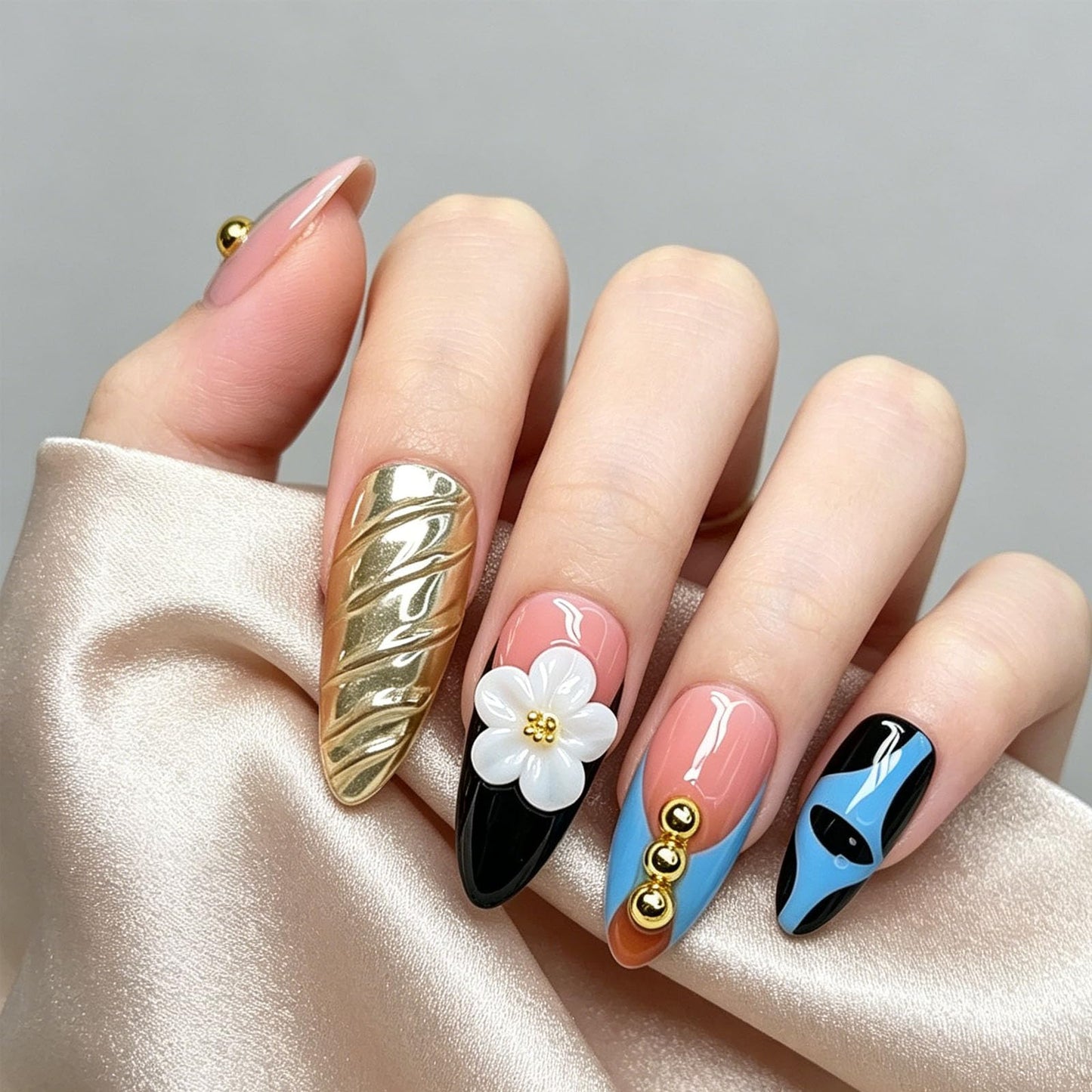10 Pcs Handmade Press on Nails Medium Almond Fake Nails with White 3D Flower Curves Design Black French Tip Acrylic False Nails Medium Almond Press Ons Nails Pink M Size for Women