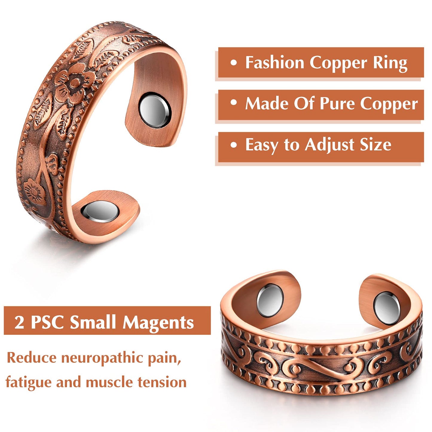 MTLEE 2 Pcs Magnetic Copper Rings for Women and Men - Adjustable Vintage Thumb Ring Jewelry for Fingers Pain Relief (Bronze)