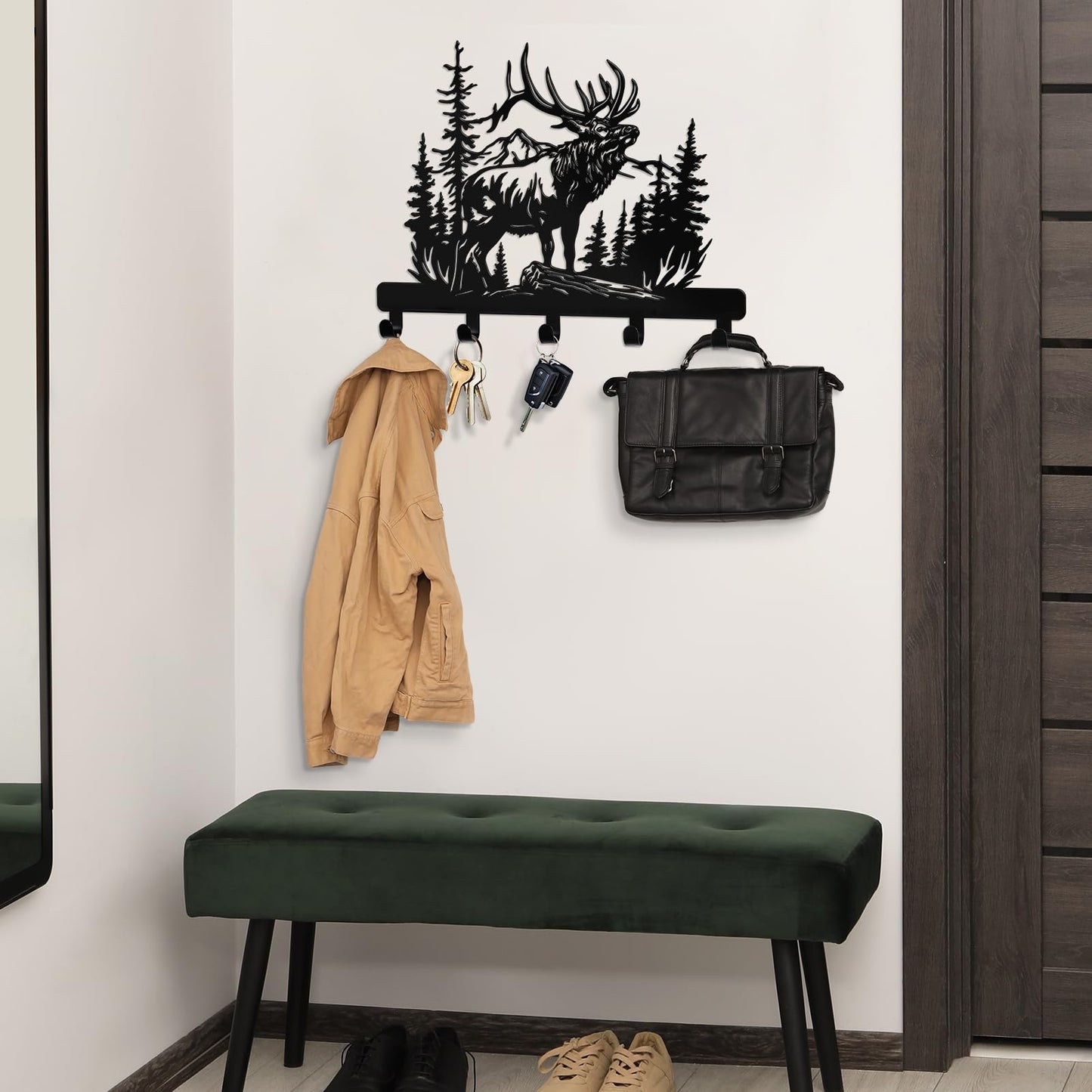 Hnatzu Deer Head Key Hanger Wall Mount-Rustic Metal Wall Hook with Mountain Forest Scene, Functional Deer Wall Decor for Entryway, Cabin, Hunting Lodge