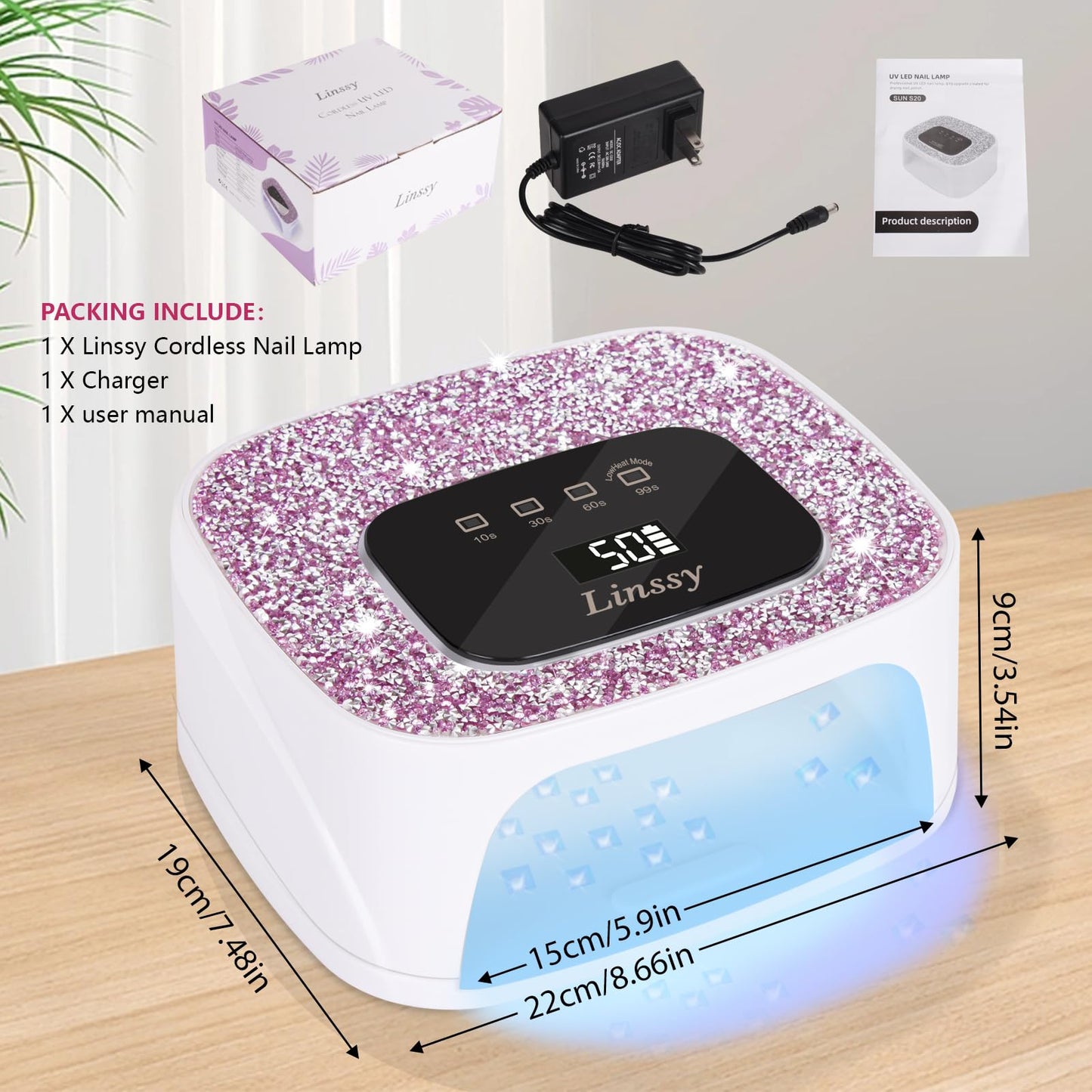 Linssy Rechargeable UV/LED Nail Lamp with Auto Sensor, Portable Cordless Gel Nail Dryer Light 4 Timings & Diamond LCD Screen, UV Light for Gel Nails at Home Salon (White)