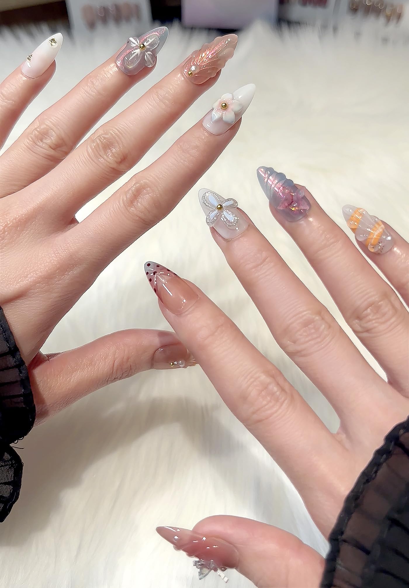 Handmade Press On Nails impress Fake Nails Medium Almond 3D Sea Shell Summer Cute beach nails Butterfly Finger Manicure glue False press ons Nail Artificial (S size)