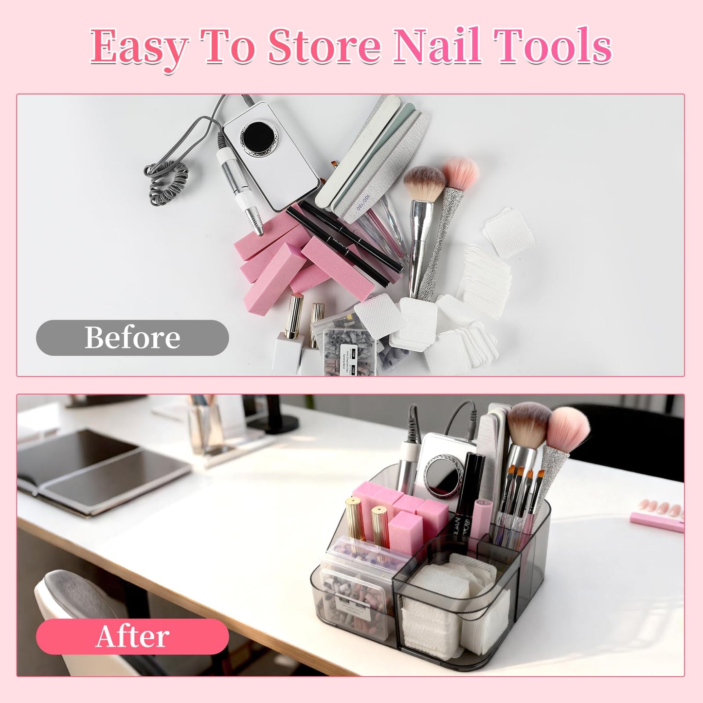 BQAN Transparent Acrylic Nail Desk Organizer with Spinning Drawer, Drill & Brush Holder, Desktop Manicure Tool Storage for Nail Techs, Makeup, Skin Care (Black) - Professional Salon or Home Use