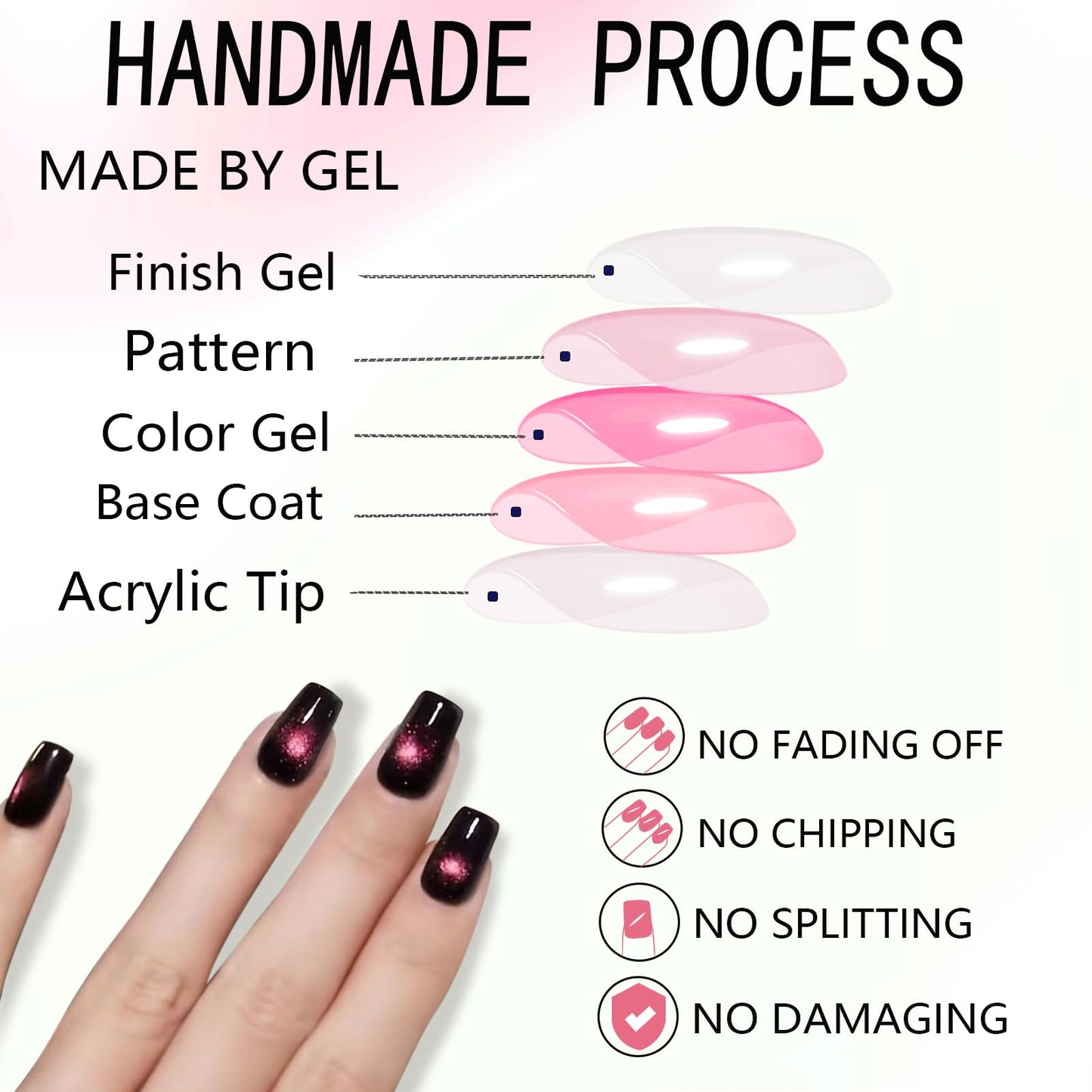 WAFOLOZE Press On Nails Medium Coffin Fake Nails With Glue, Black Cat's Eye Nail Press Ons With Pink Starry Sky Design，Artificial False Nails Stick On Nails for Women-30Pcs