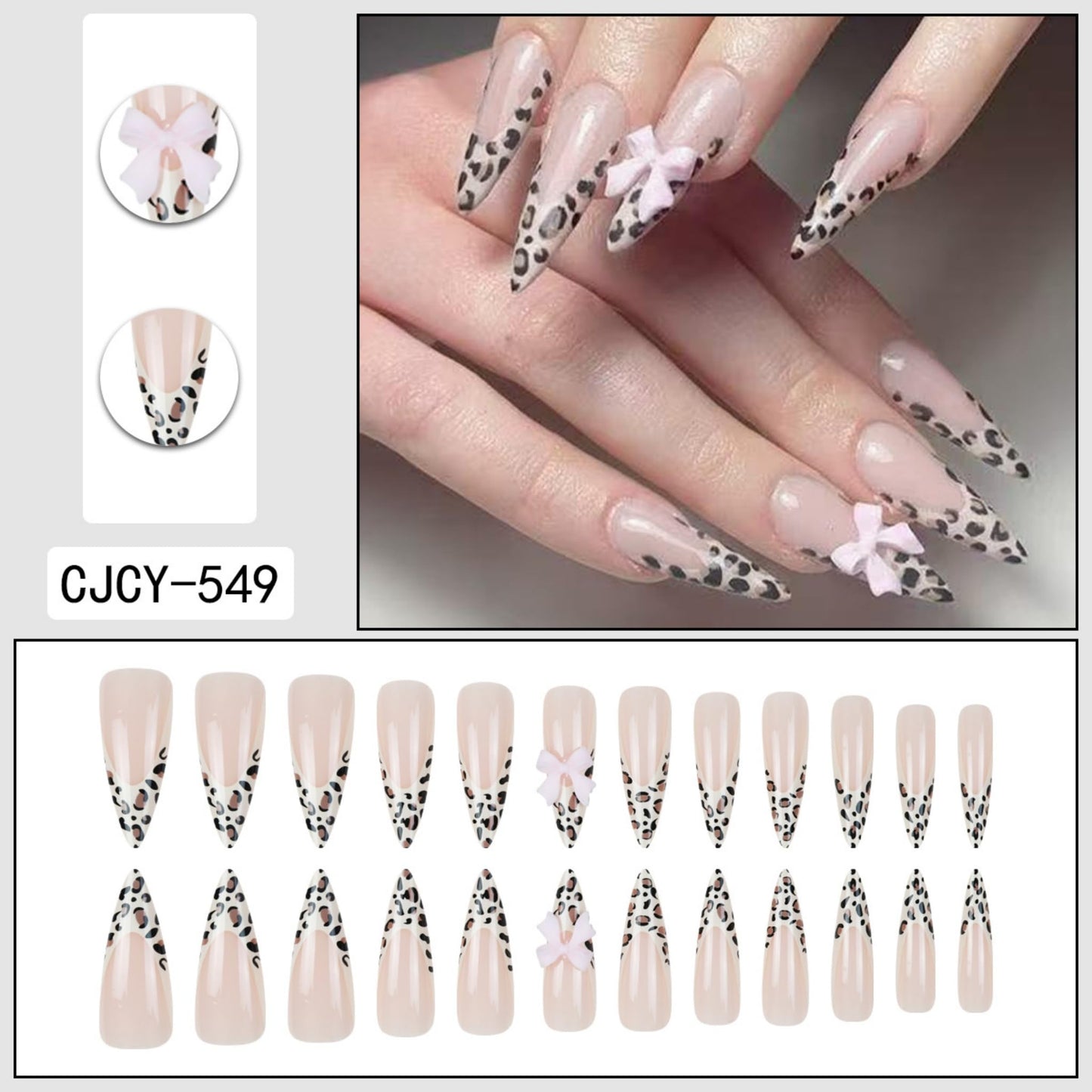 SEENEEY Long Press on Nails Stiletto Fake Nails Leopard Artificial Nail Pink Bow Designs Cute Stick on Nail for Women 24pcs