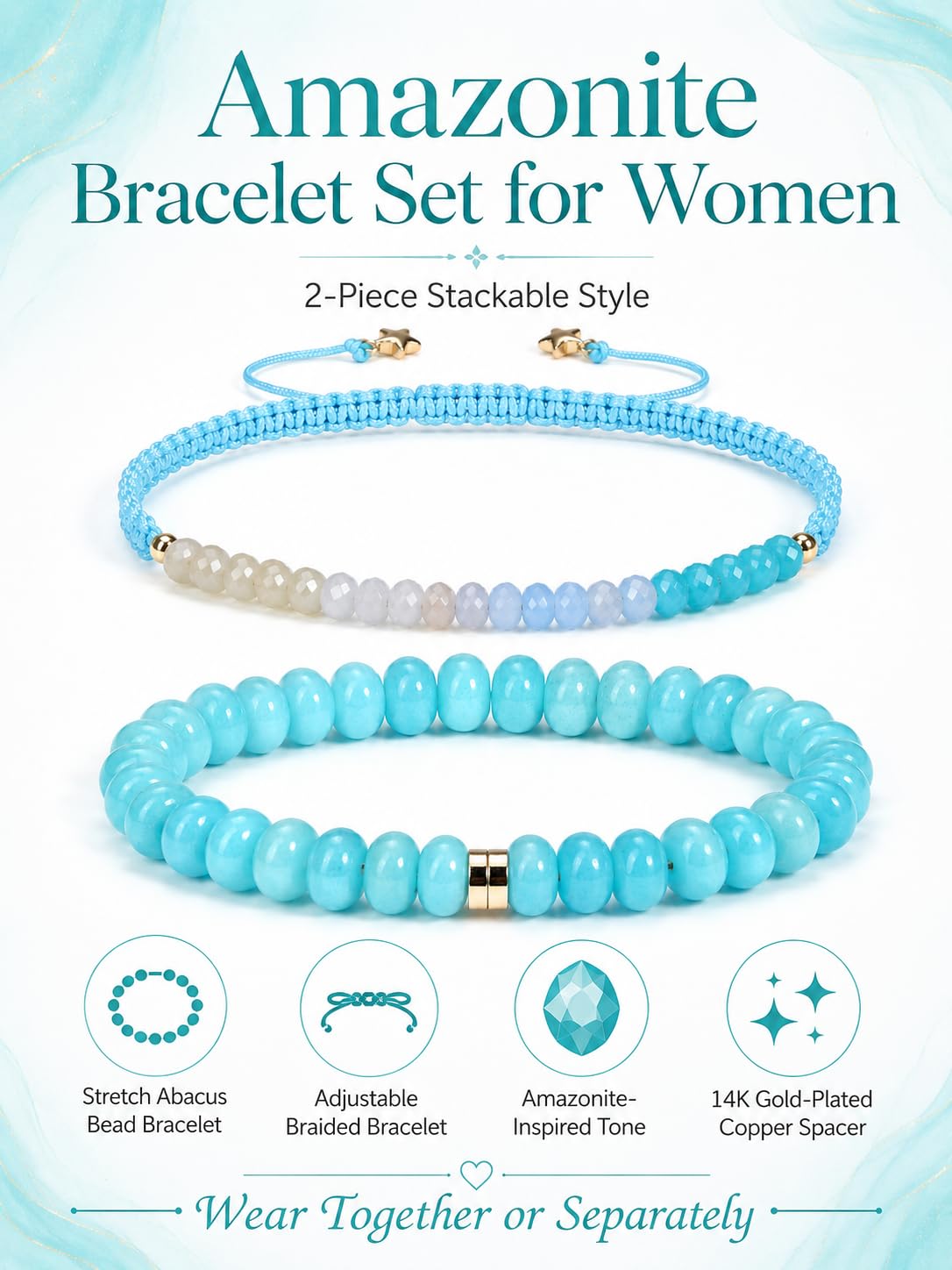 CrystalTears Amazonite Beaded Bracelets for Women, 2pcs Stackable Boho Crystal Gemstone Bracelets Set with Stretch Bracelet and Adjustable Braided Bracelet Summer Beach Jewelry Gifts for Women Her