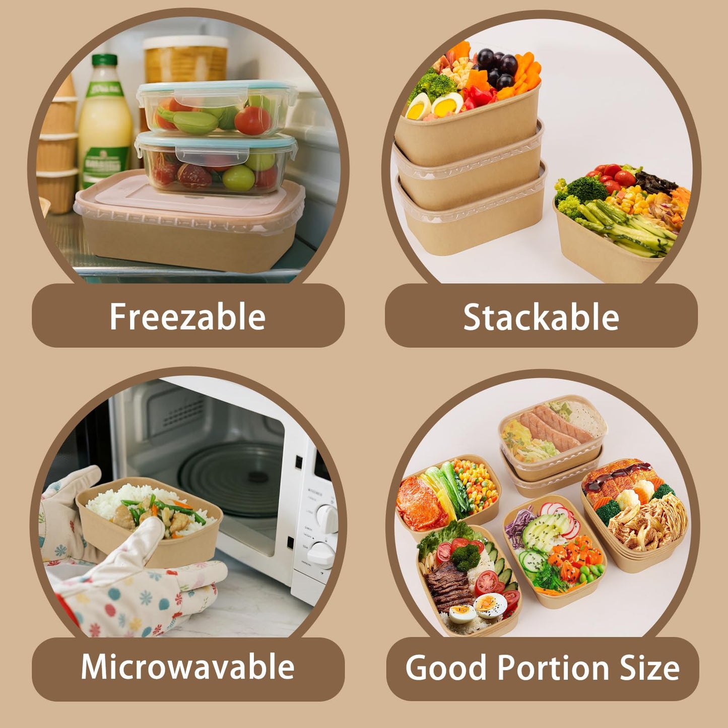 DeziWood 50 Pack 35 oz Paper Food Containers with Lids, Meal Prep Containers Disposable Large Paper Bowls, Microwavable and Freezer Storage Use Cardboard Food Containers