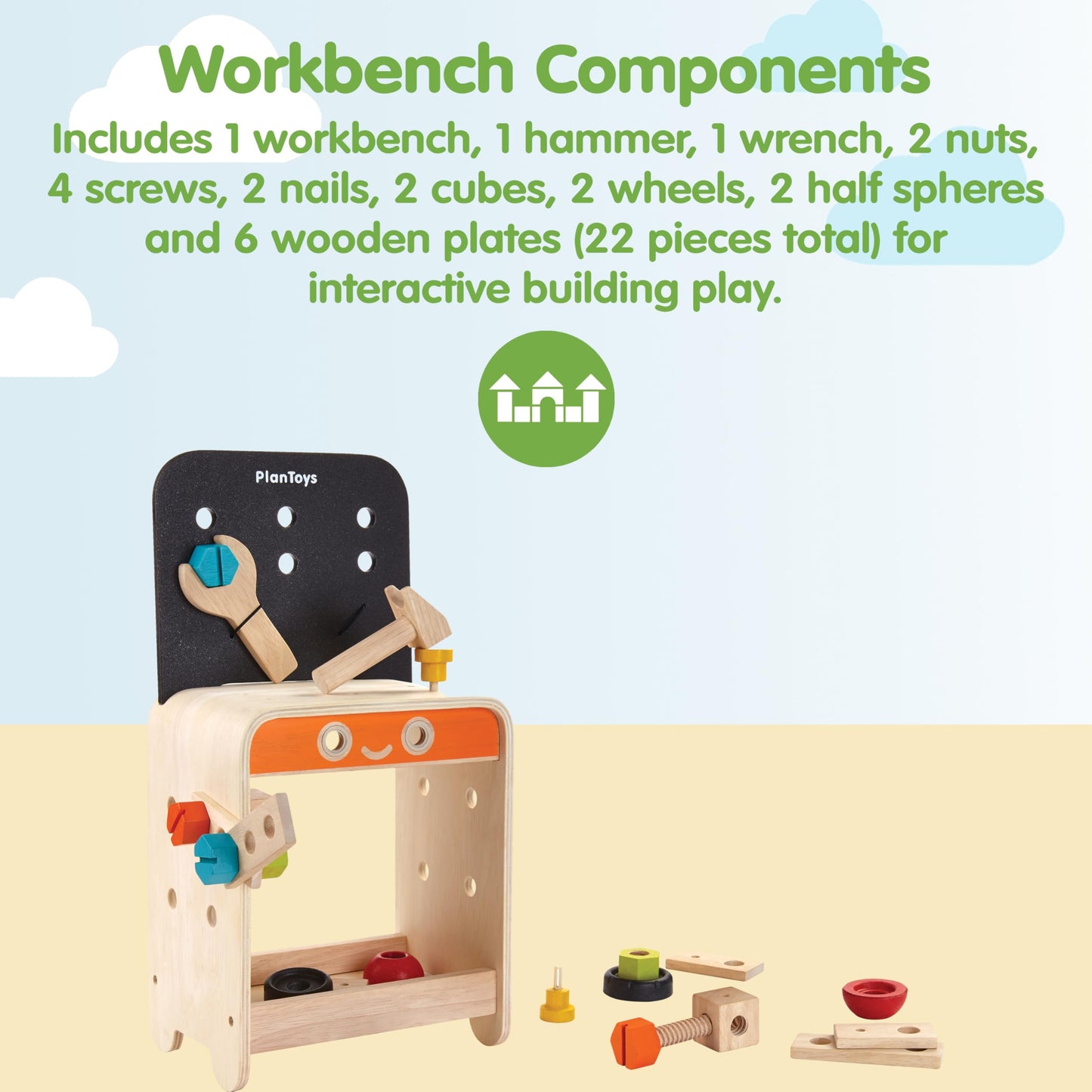 PlanToys® Wooden Tool Bench for Kids | Pretend Play Construction Toy with Tools & Accessories | Educational STEM Toy for Toddlers | Montessori Fine Motor Skills Workbench Playset