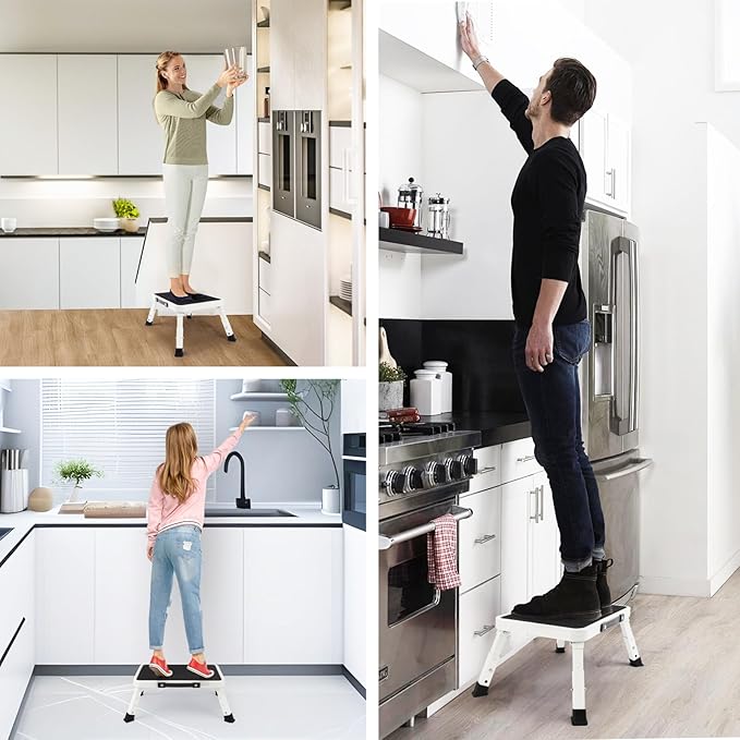 Valeo Folding Step Stool, Adjustable Step Stool with Non-Slip Platform, 500 Lbs Capacity, Step Ladder for Adults or Kids in Kitchen, Bathroom, RV, Camping, Office, White