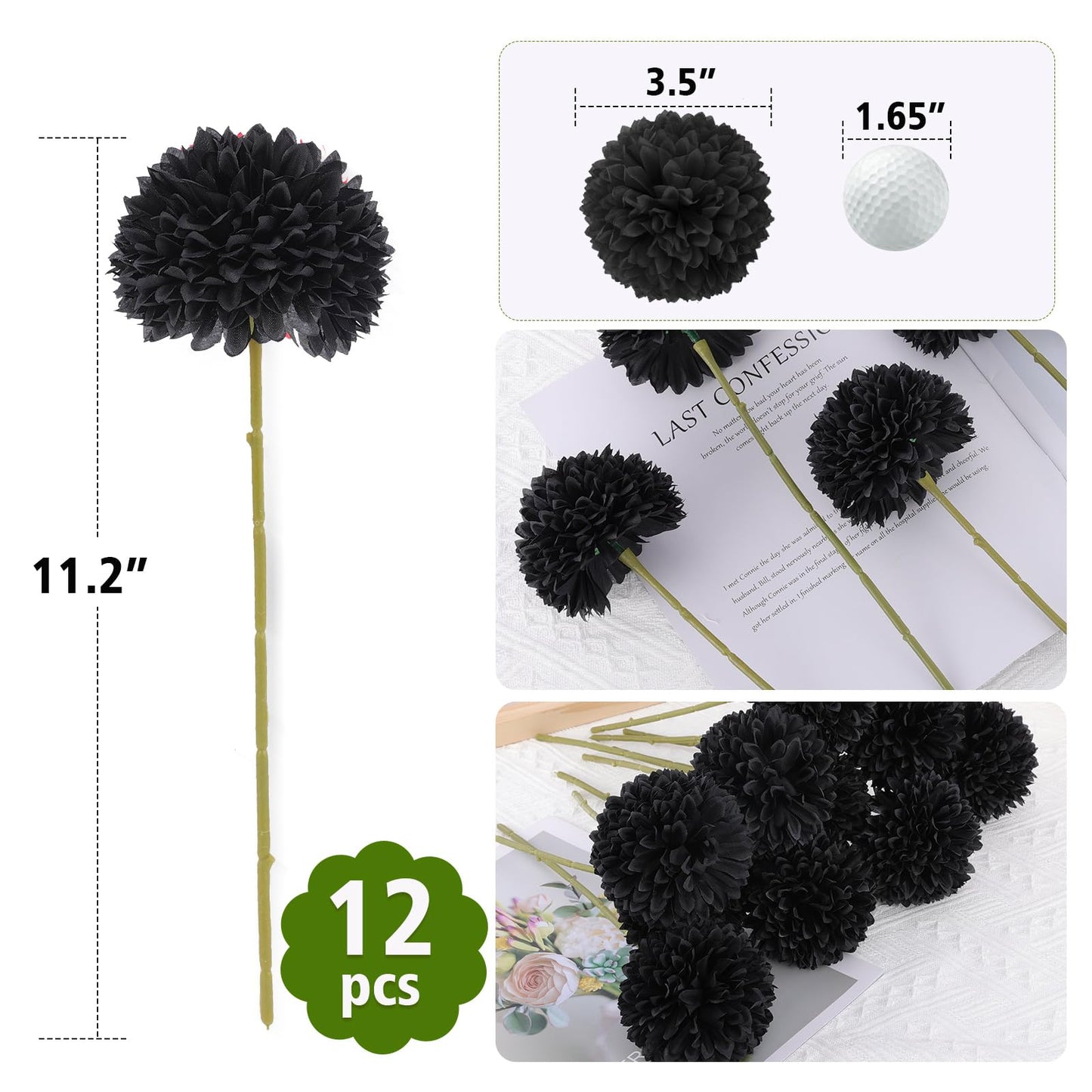 Rowfad 12 Pcs Black Artificial Chrysanthemums Flowers Silk Fake Mums Flowers for Halloween Ghothic Wedding Table Centerpiece Christmas Home Decor (12, Black)