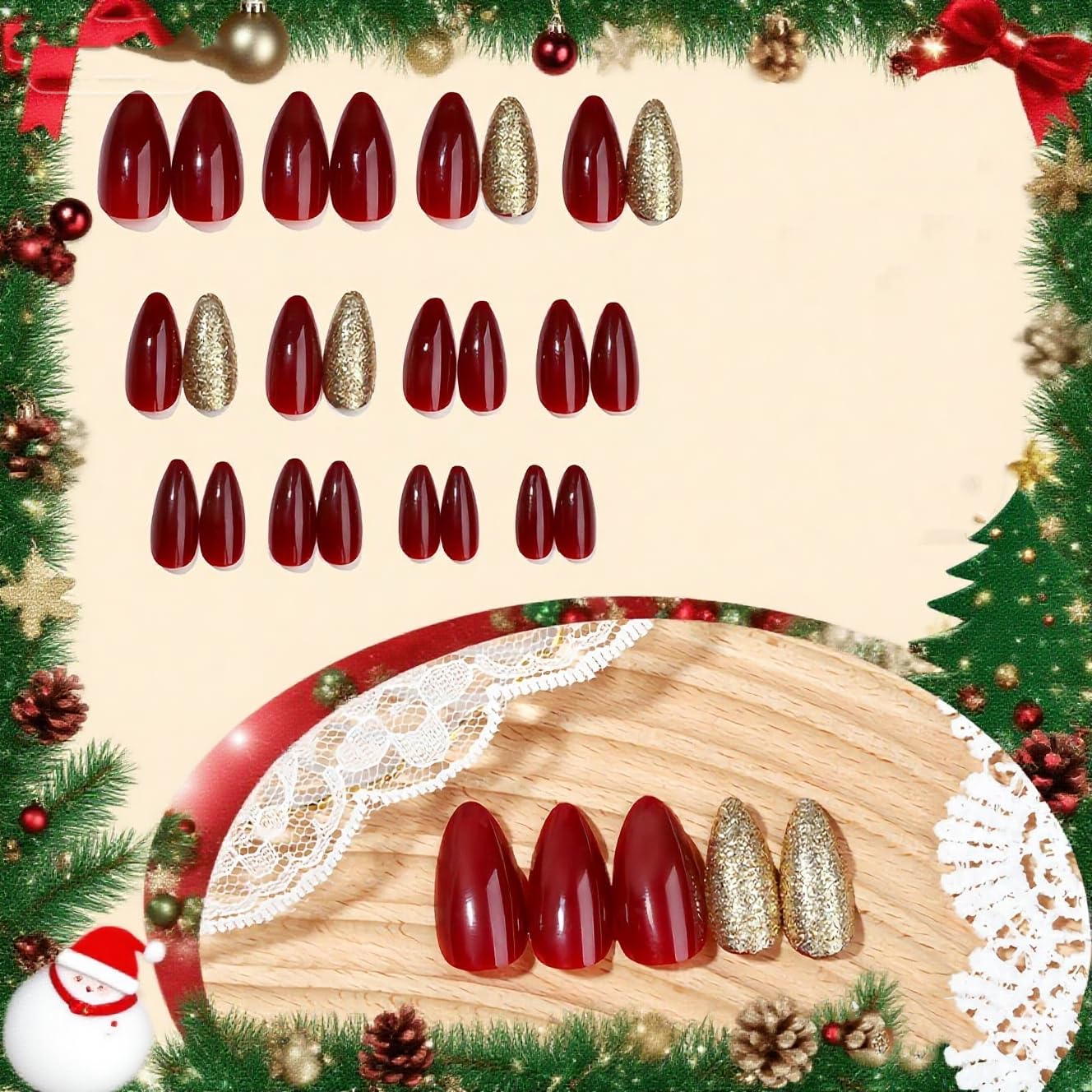 BABALAL Medium Almond Press on Nails, Burgundy Red Acrylic Nails with Gold Glitter Design, 24Pcs Glossy Full Cover Glue on Nails Manicure