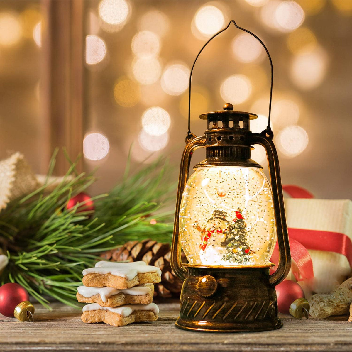 Christmas Snow Globe Lantern with Swirling Glitter and Battery & USB Powered Light 6H Timer for Christmas Home Decoration and Gift (Christmas Tree and Snowman)