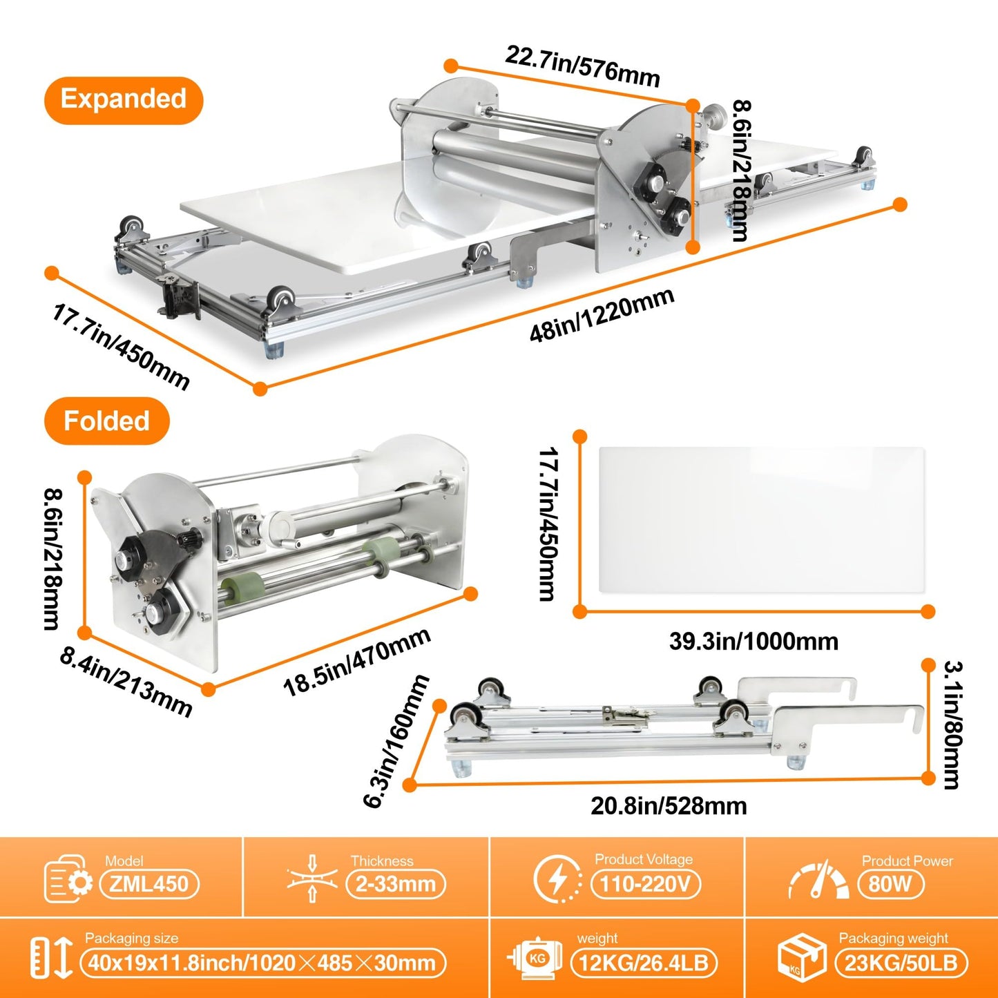 Commercial Electric Dough Sheeter 22.7", Dough Roller Machine & Laminadora de Masa Electrica for Pizza Dough, Croissants & Pastry – Countertop Foldable Dough Laminator for Bakery & Home Use (White)