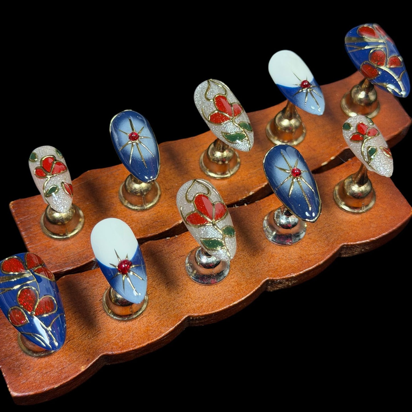Handmade Press On Nails, Medium Almond Hand-Painted Floral Design, Luxury Blue & Red Art with Gold Outline Design, Reusable Acrylic Fake Nails Set Enamel (M)