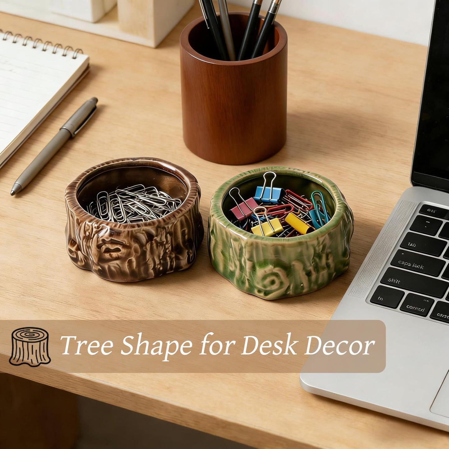 Zaposcca Ceramic Paper Clip Holder, 2 Pcs Tree Shaped Binder Clip Box Cute Office Decor Supplies for Desk Organizer (Brown + Green)