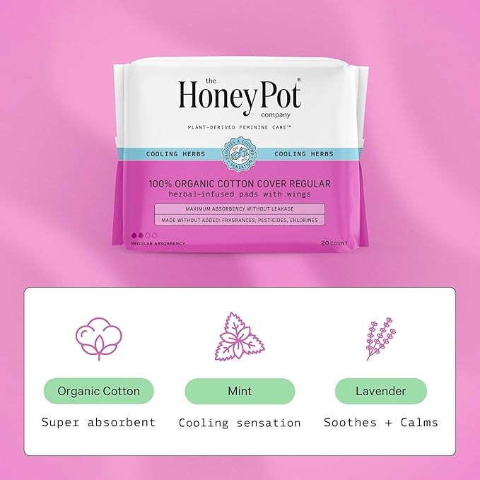 The Honey Pot Company - 80ct - Herbal Sanitary Pads for Women - Regular Flow w/Wings - Infused w/Essential Oils for Cooling Effect & Organic Cotton Cover - Feminine Care - FSA & HSA