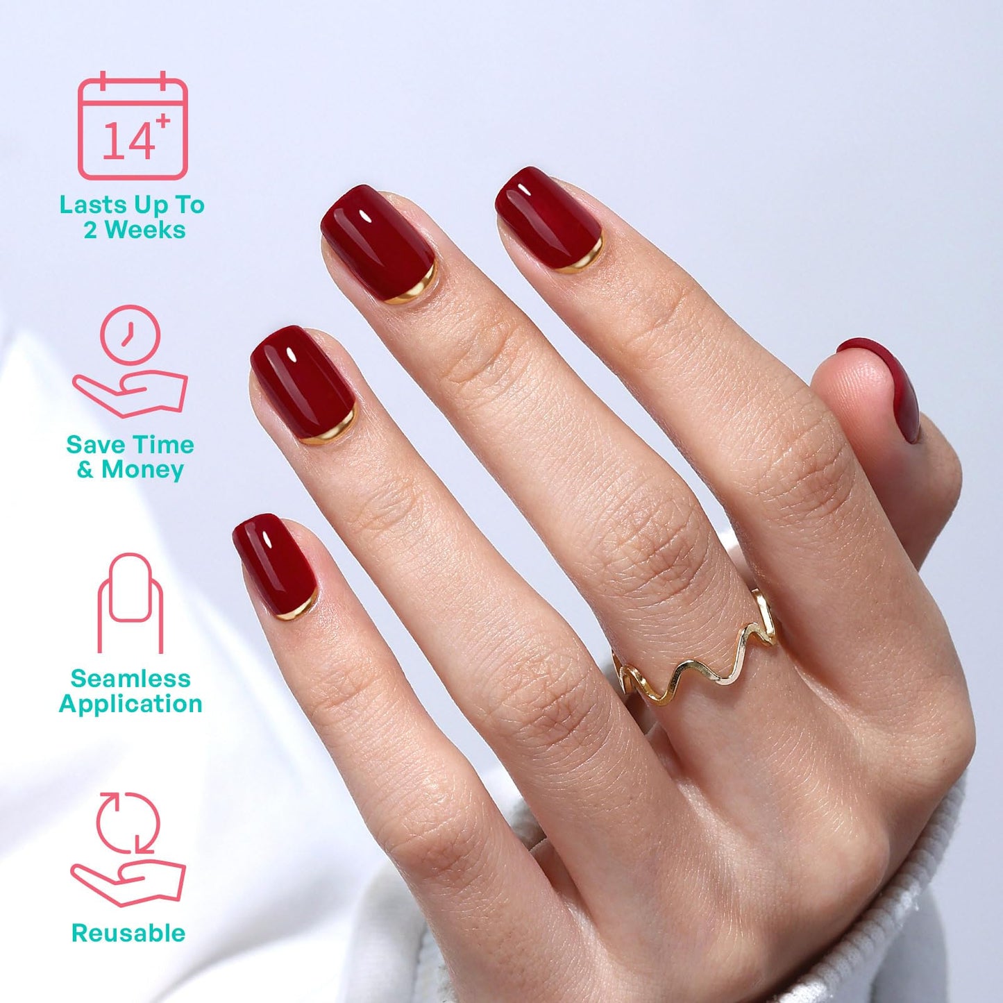 Red Press On Nails with Designs - GJZEZ Soft Gel Glossy Square Nails Press ons with Gold Cuffs French Tip, Salon Quality Fake Nails for Women, 16 Sizes - 32 pcs Long Lasting Reusable Nails, Gold End