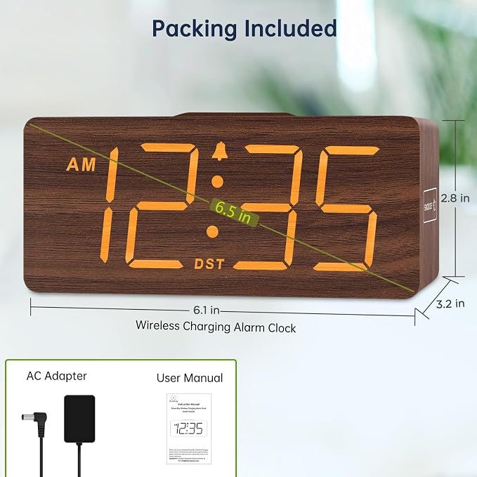 DreamSky Wooden Digital Alarm Clock with Wireless Charging for Bedroom