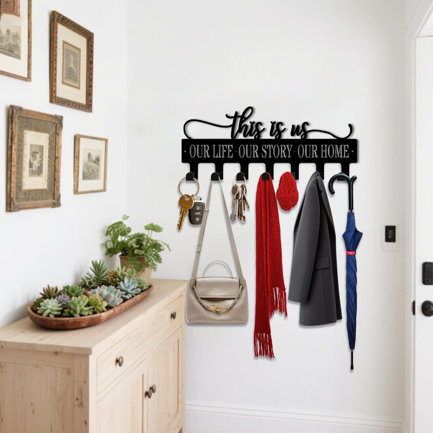 VUZUCOSH Key Holder Wall Mount, This is Us Sign, Key Holder Wall for Wall Decorative with 6 Hooks, Organizer Rack Hanger for Entryway, Front Door, Hallway, Office 9.8 inches
