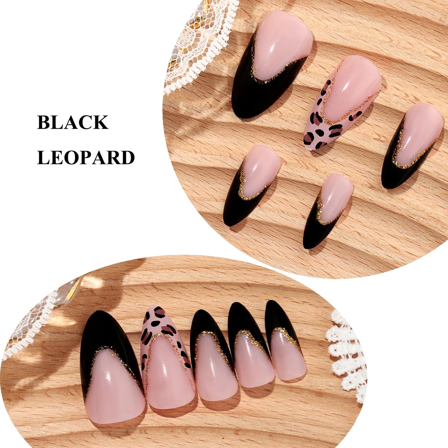 MERVF Almond Press on Nails Medium, Black French Tip Fake Nails Stiletto Leopard Animal Print Glue ons Gold Lines Glitter Design Acrylic Nail Manicure 24pcs Glossy