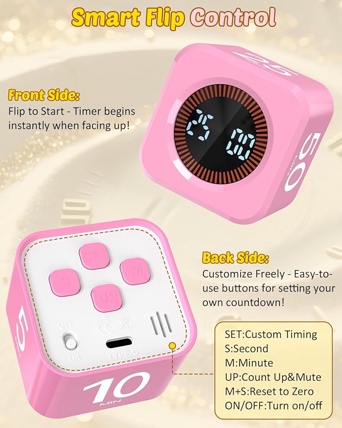 Pomodoro Timer Cube Visual Productivity Flip Timer for Kids Classroom Desk, 5/10/25/50min&Custom Countdown, Silent&Sound Mode Digital Cube for ADHD Study Work School Game Kitchen (Pink)