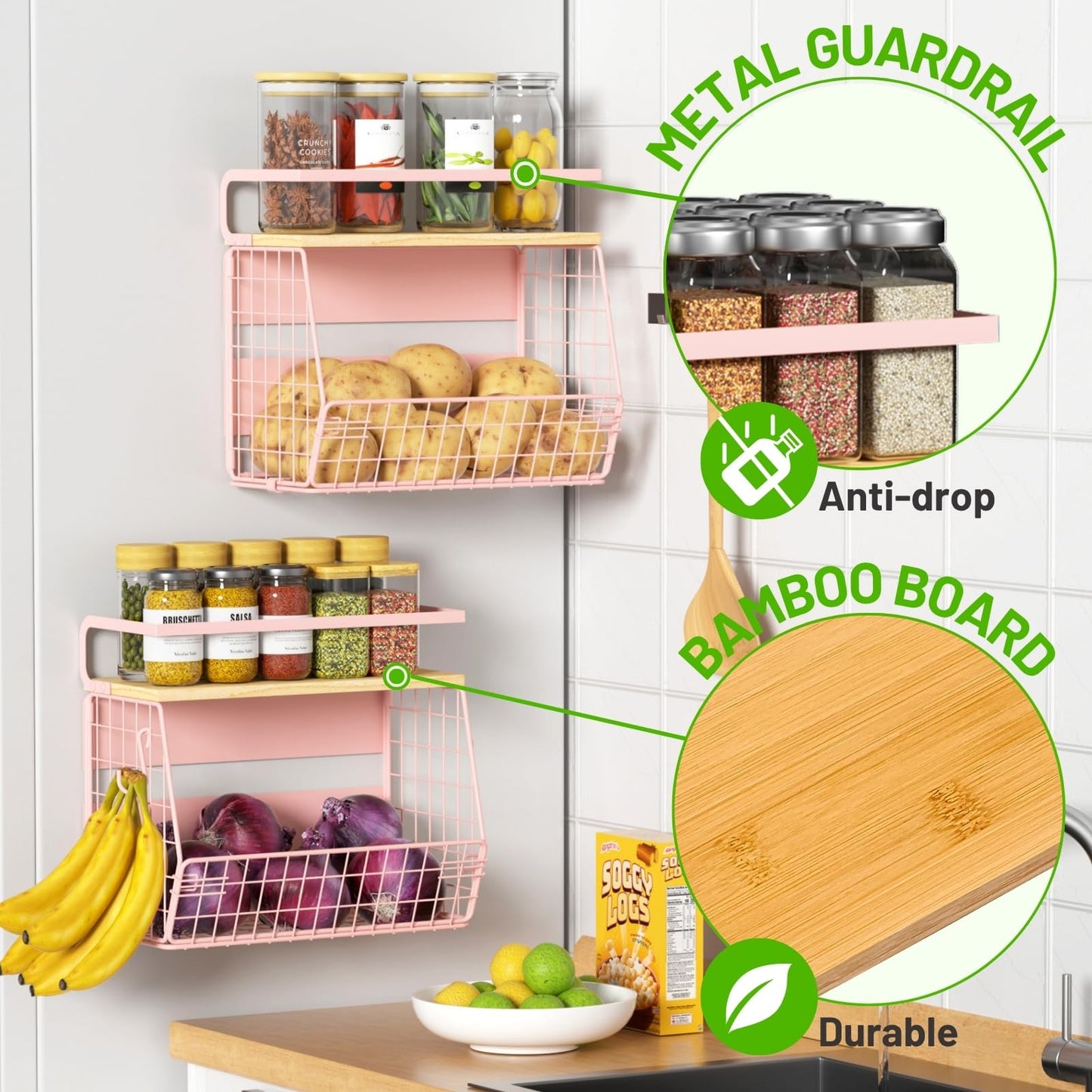 Magnetic Shelf for Fridge with Wood Lid, Fruit Potato and Onion Storage Bins, Pantry Organizers & Storage, Large Container Magnetic Spice Rack for Refrigerator, Kitchen Counter, Cabinet (Pink, 1)