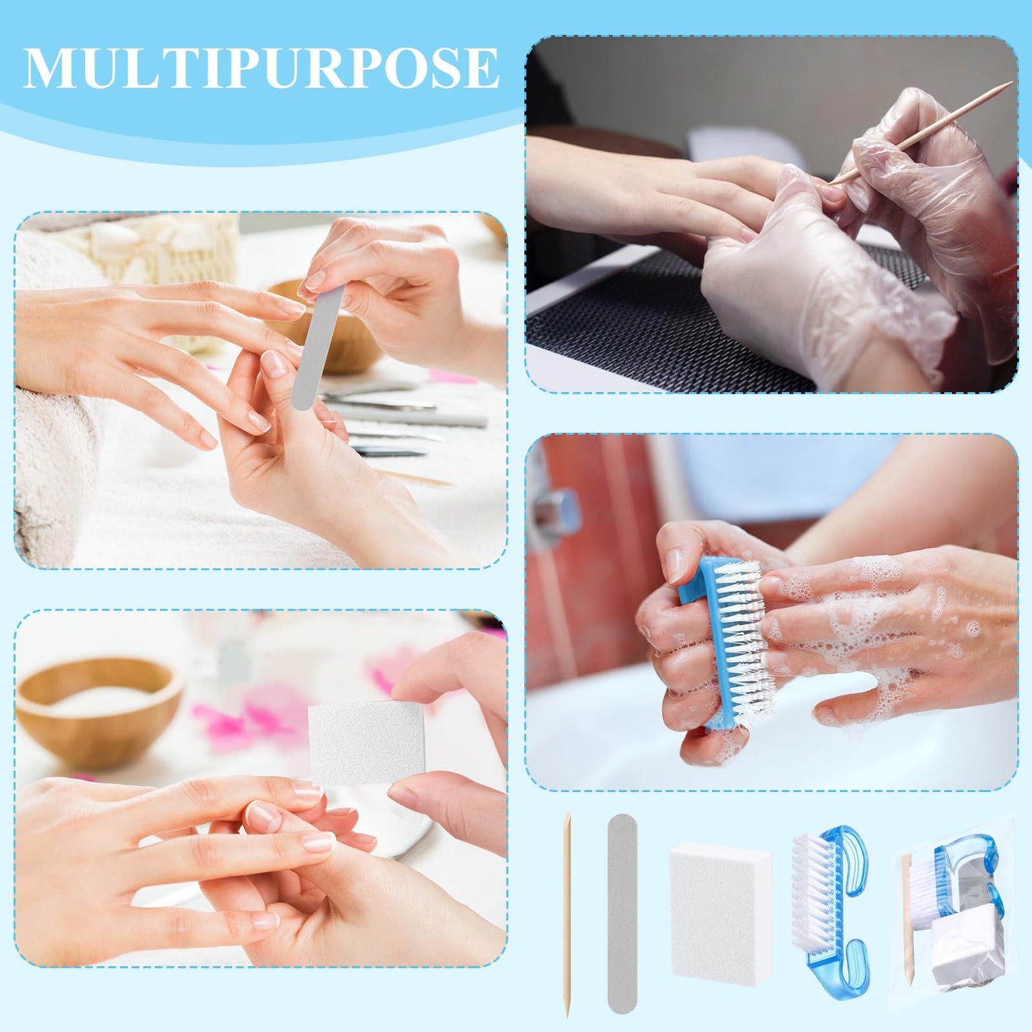 Leriton 100 Sets Mothers Day Professional Disposable Manicure Kit Basics 4 Piece Nail Kit Wood Nail File 100/180 Grit, Mini Buffer 80/100 Grit, Wood Stick and Handle Grip Brush Gifts(Blue)