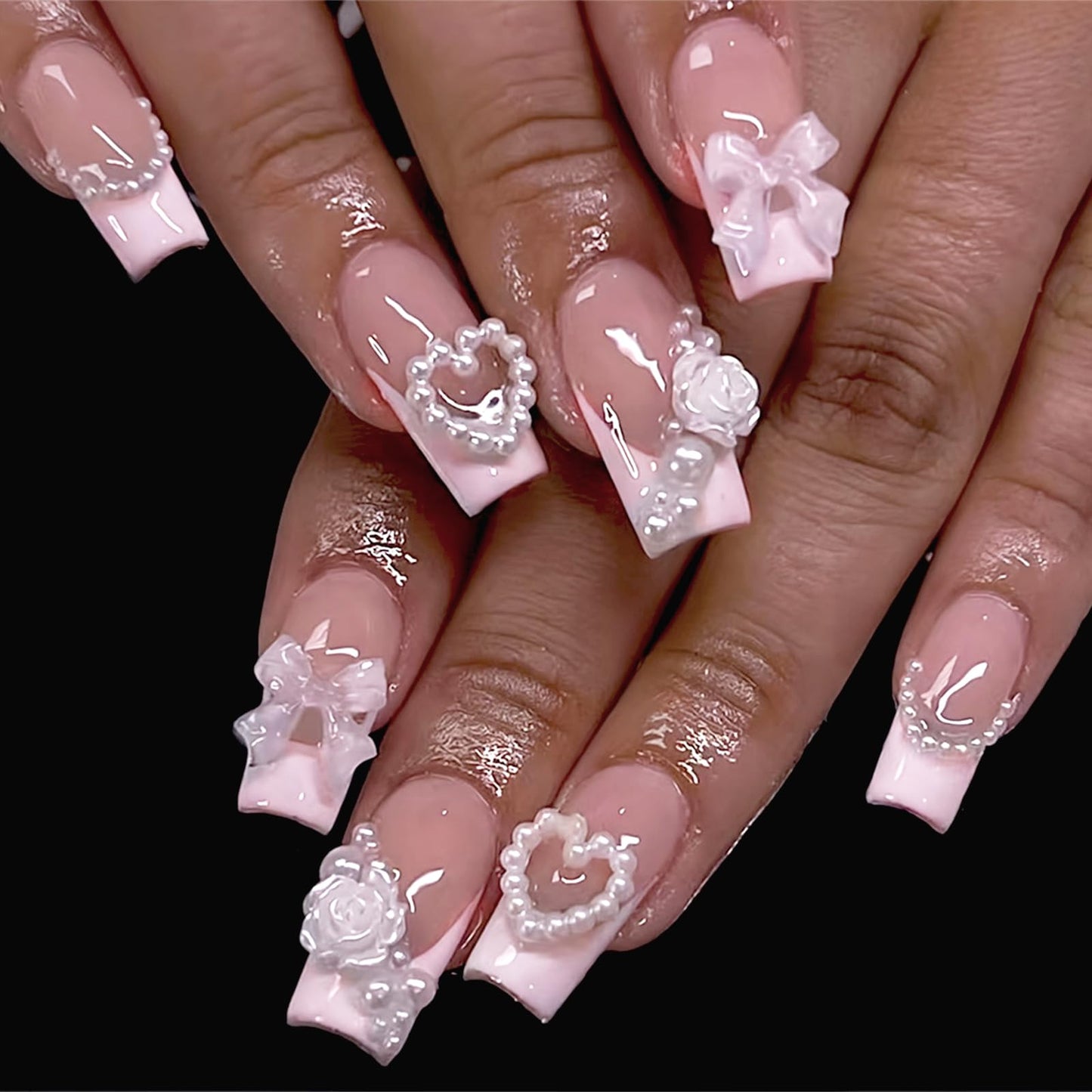 IMRAIN French Tips Press on Nails Long Square Pink Fake Nails 3D Flower Pearl False Nails Glue on Nails with Bow Heart Designs Glossy Full Cover Handmade Gel Acrylic Nail Set